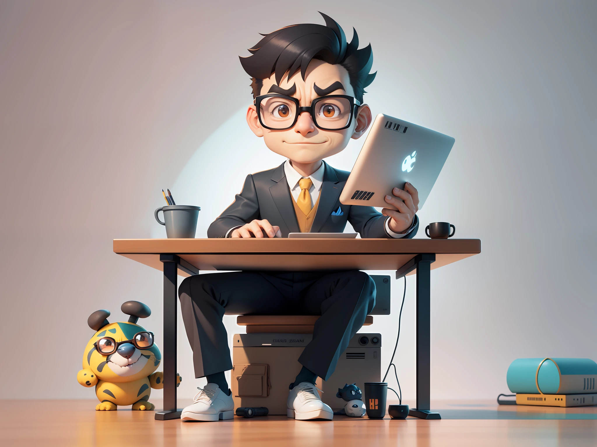 A young man in a suit and pants, Short hair and glasses sat at his desk,holding laptop,digitial painting,tigre,3D character design by Mark Clairen and Pixar and Hayao Miyazaki and Akira Toriyama,4K HD illustration,Very detailed facial features and cartoon-style visuals。