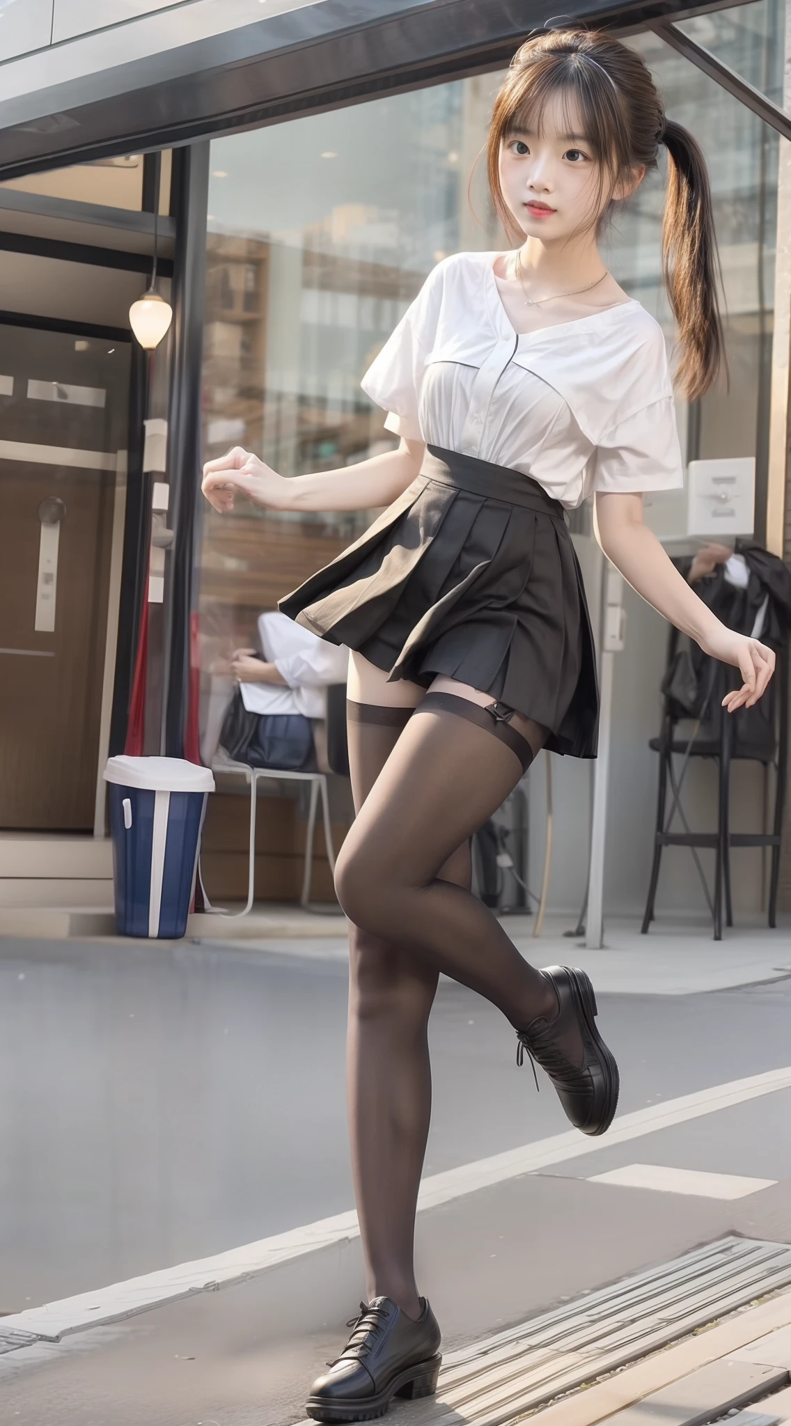 (Full body shot ：2), （Full Focus：1.3）, girlfriend, Colorful short-sleeved student uniforms, High-heeled leather shoes, long leges, The characters wear sailor suits and pleated skirts, Jump high, Must show your face, Must have stockings, Stocking tights, hyper HD, Ray traching, structurally correct, anatomy correct, Award-Awarded, High detail, Chiaroscuro, Cinematic lighting, Masterpiece, Super detail, High quality, High details, Best quality, 16k