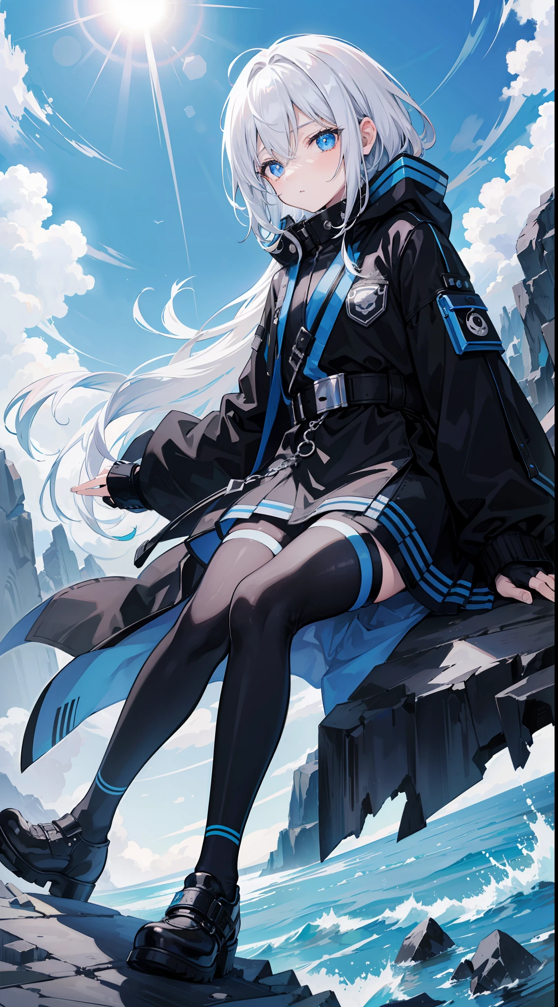 A woman who is，Shota，Black and white hair，Black fingerless long gloves，Black pedal socks，tender ，nakeness，Blue sky，Surrounded by a dark blue wind，Extreme light and shadow，Beautiful artistic conception，shining sun