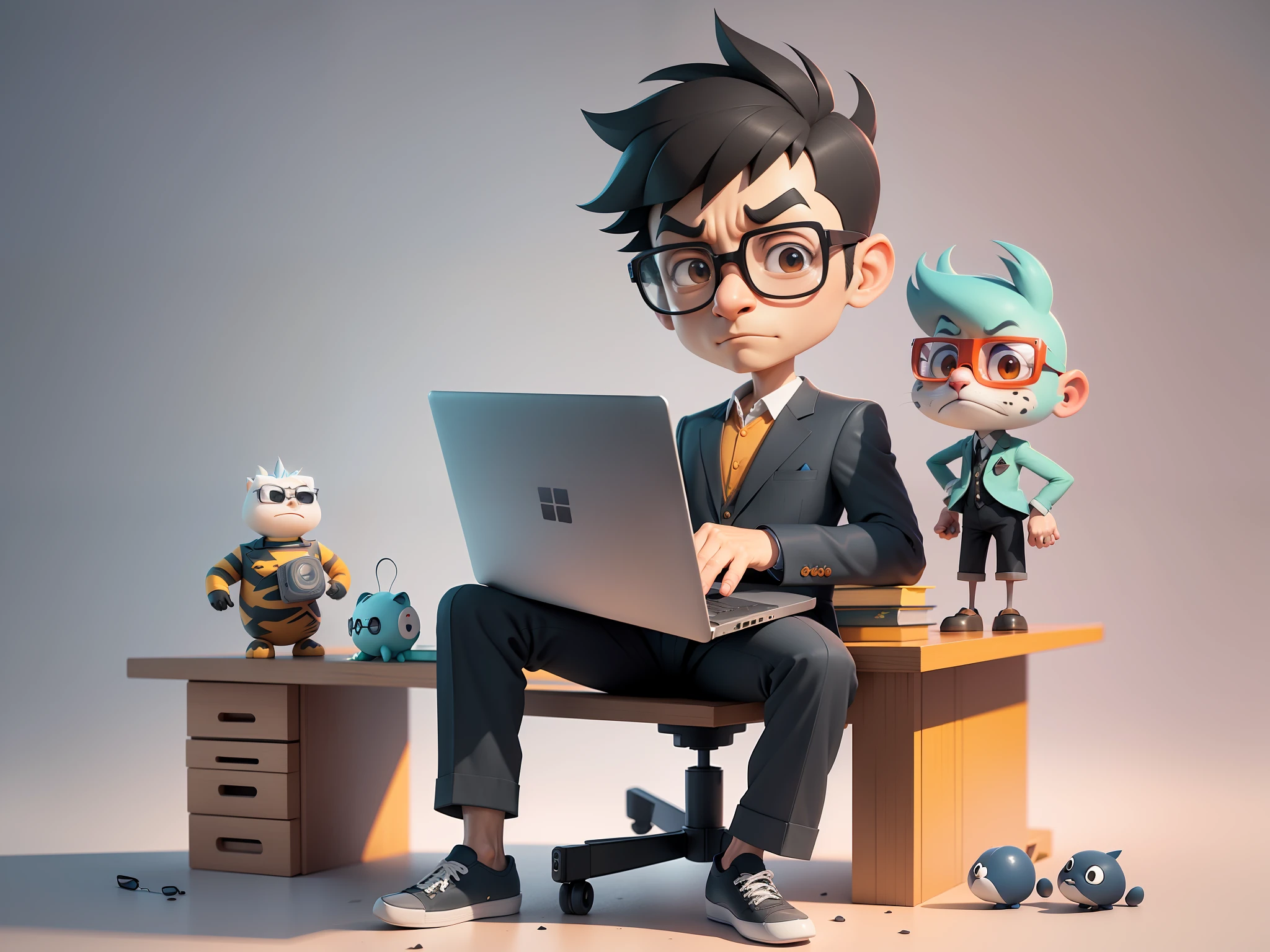 A young man in a suit and pants, Short hair and glasses sat at his desk,holding laptop,digitial painting,tigre,3D character design by Mark Clairen and Pixar and Hayao Miyazaki and Akira Toriyama,4K HD illustration,Very detailed facial features and cartoon-style visuals。