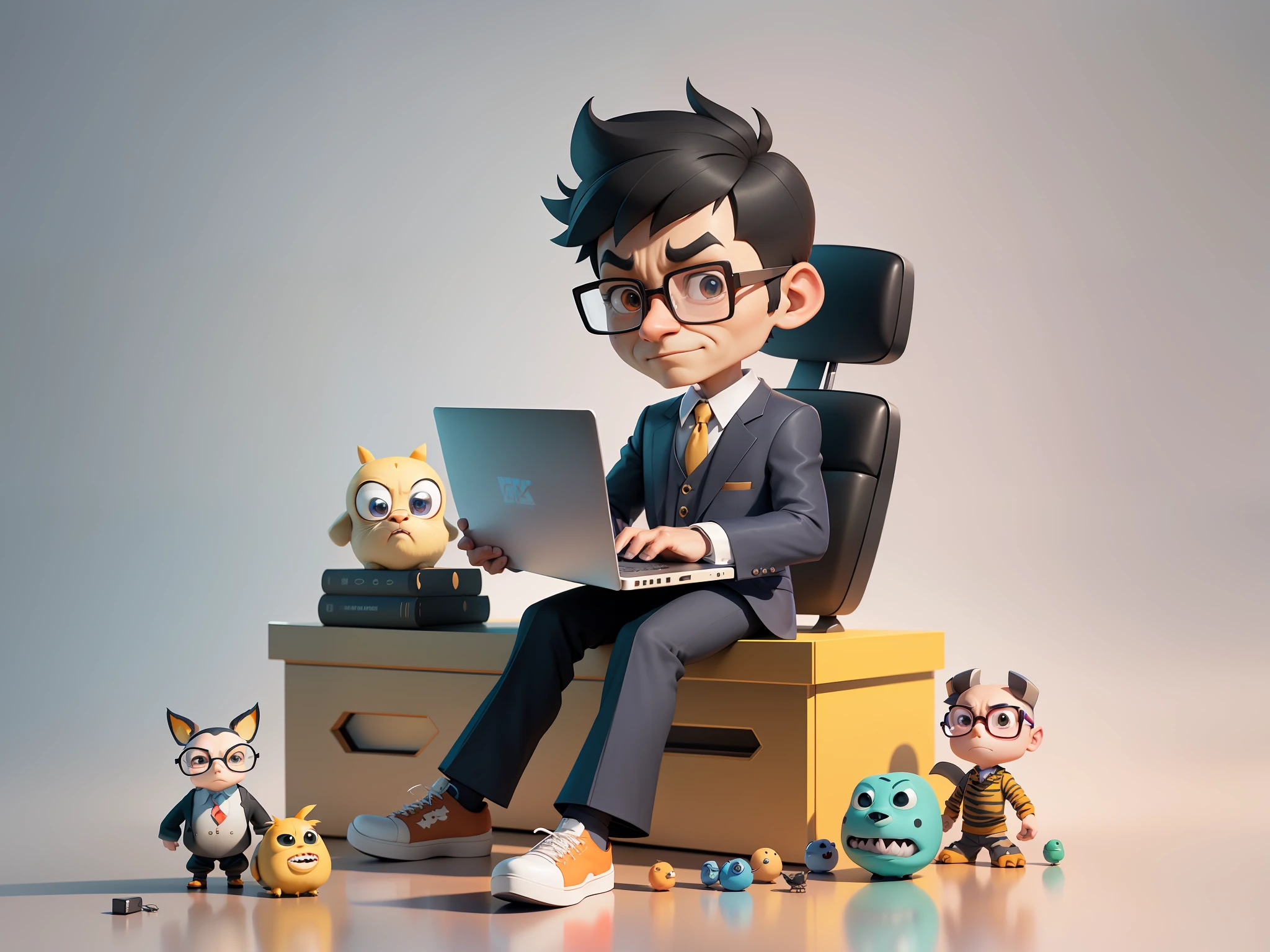 A young man in a suit and pants, Short hair and glasses sat at his desk,holding laptop,digitial painting,tigre,3D character design by Mark Clairen and Pixar and Hayao Miyazaki and Akira Toriyama,4K HD illustration,Very detailed facial features and cartoon-style visuals。