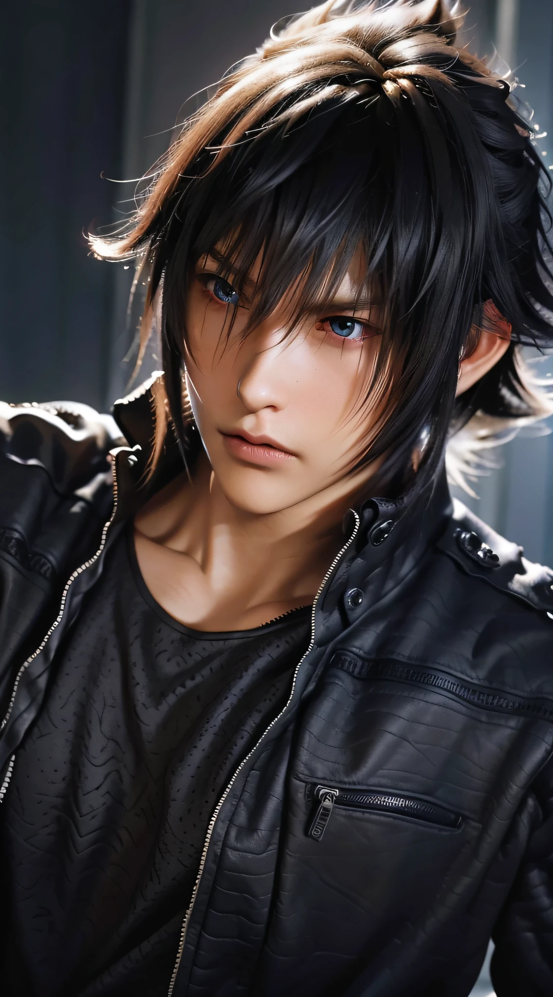 （absurderes，A high resolution，ultra - detailed，realisticlying，），1 male，独奏，Tall muscular man，broad shoulder，Handsome，brunette color hair，Angular chin，Thick neck，thick eyebrow，The upper part of the body,Noctis，