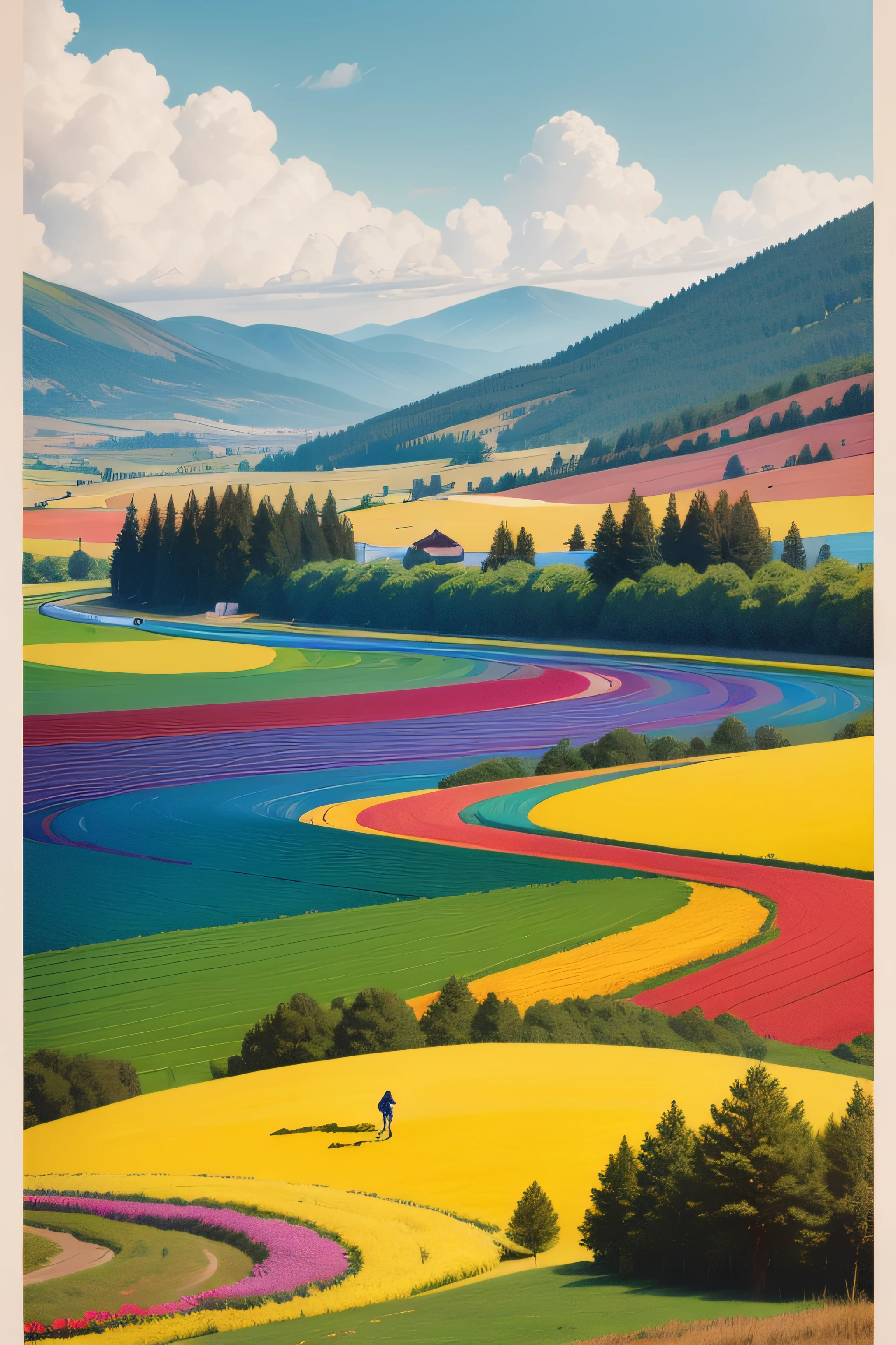 a poster,The theme is rainbow,A group of children with paintbrushes create in the countryside,