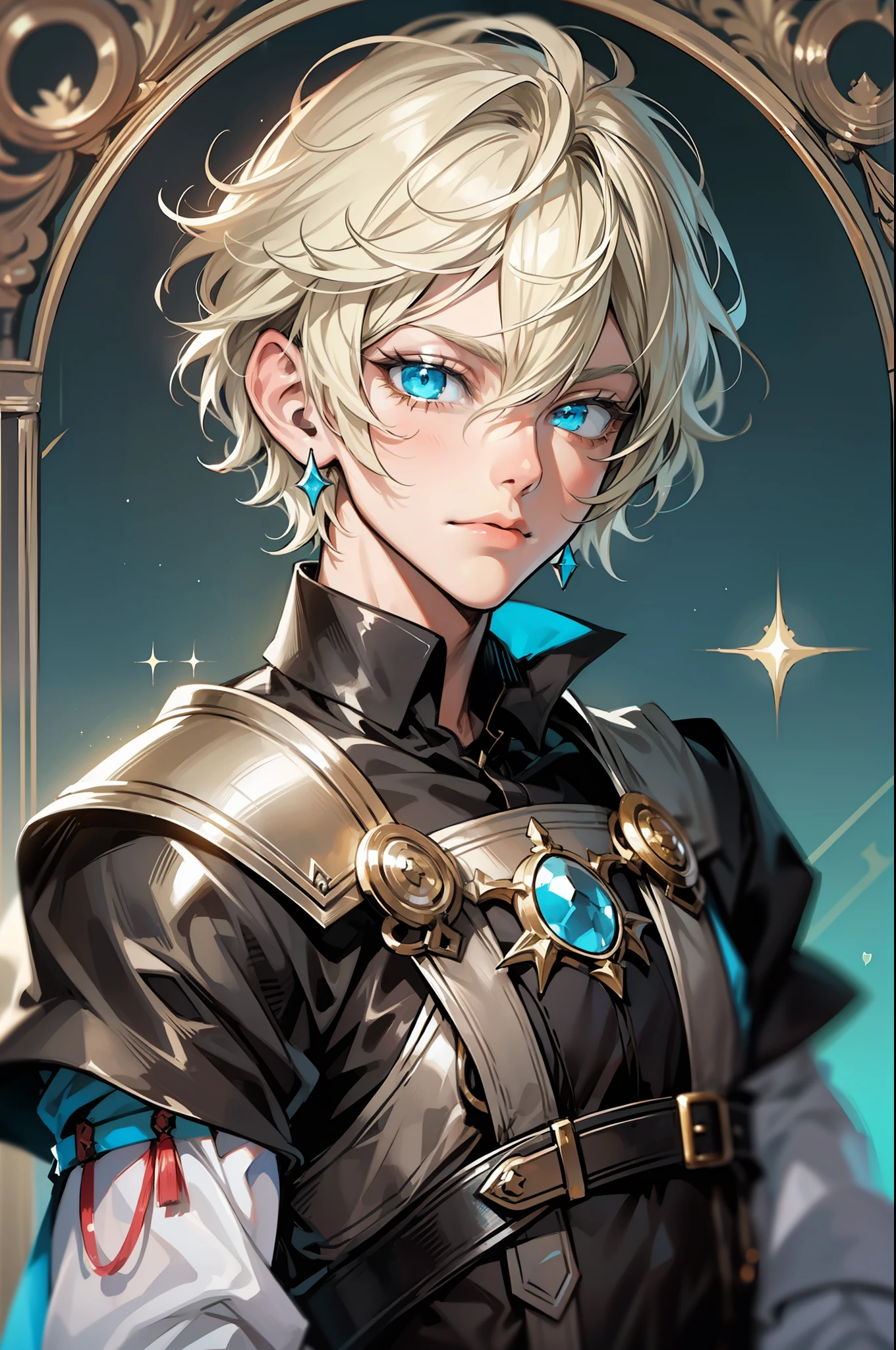 (tmasterpiece), portraite of a, 1boy, amazing quality, Detailed knight-prince, , (Sparkly light, Almost platinum blonde hair), Cyan eyes, faint smile, upper-body, The Prince's Attire