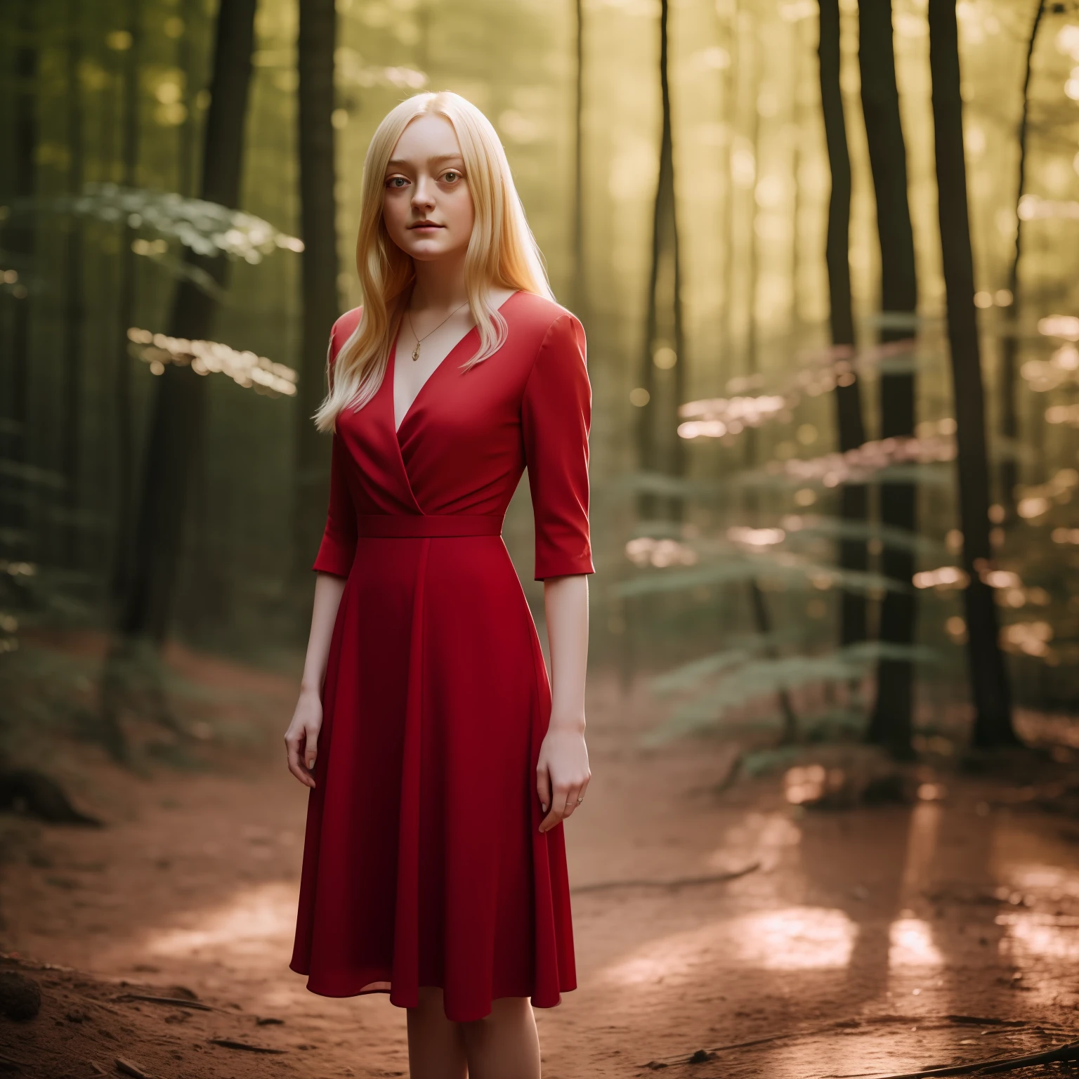 blond woman in red dress, standing in the middle of a girden, full body, dakota fanning, soft portrait shot 8 k, female portrait, james jean soft light 4k, james jean soft light 4 k, a still of an ethereal