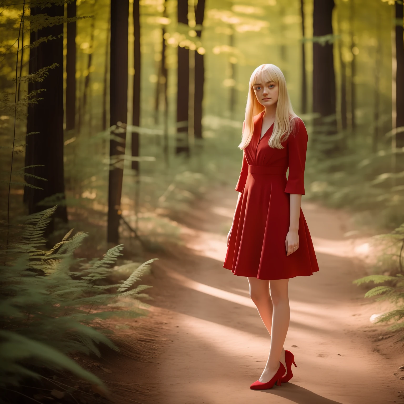 blond woman in red dress, standing in the middle of a girden, full body, dakota fanning, soft portrait shot 8 k, female portrait, james jean soft light 4k, james jean soft light 4 k, a still of an ethereal
