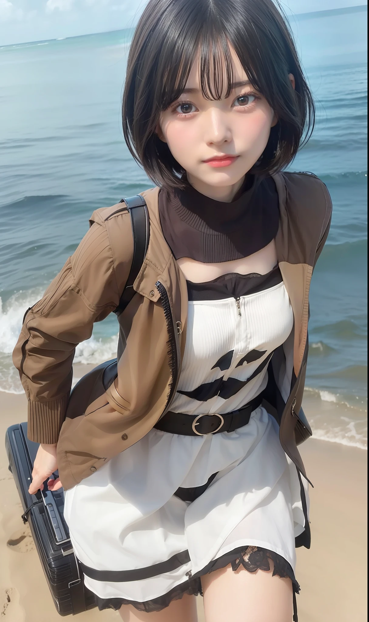 1girl, Mikasa Ackerman, short hair, black hair,in the beach, reaslistic