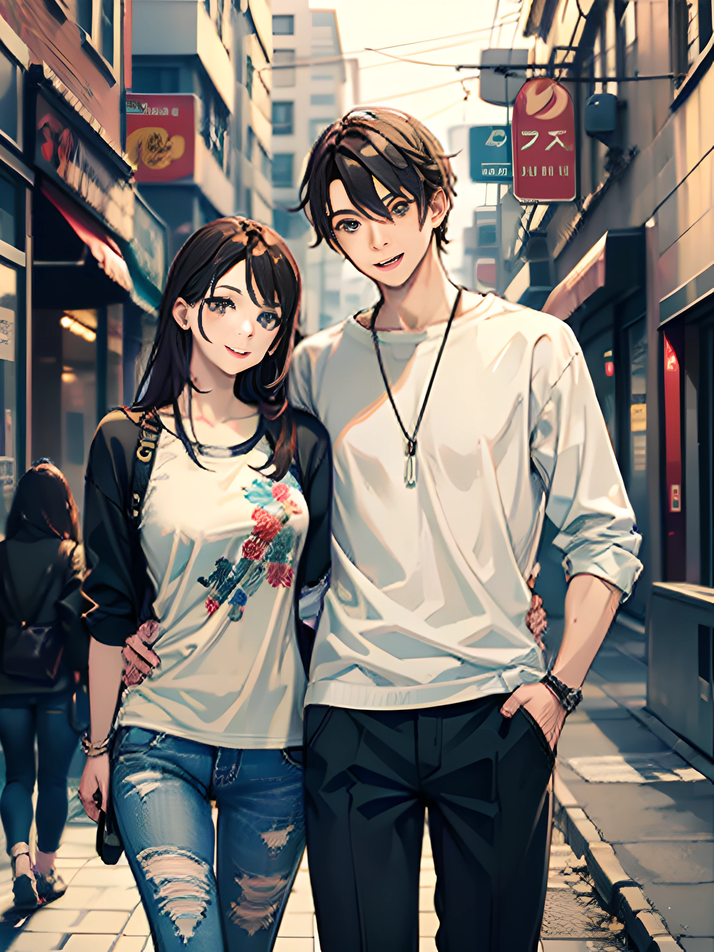 masterpiece, best quality, 2others, couple, 1man with 1woman, mature, adult, Height difference, different fashion, different color, finely detailed eyes and detailed face, intricate details, casual clothes, oversized shirt, modern urban street, holding hands, smile, happy, love