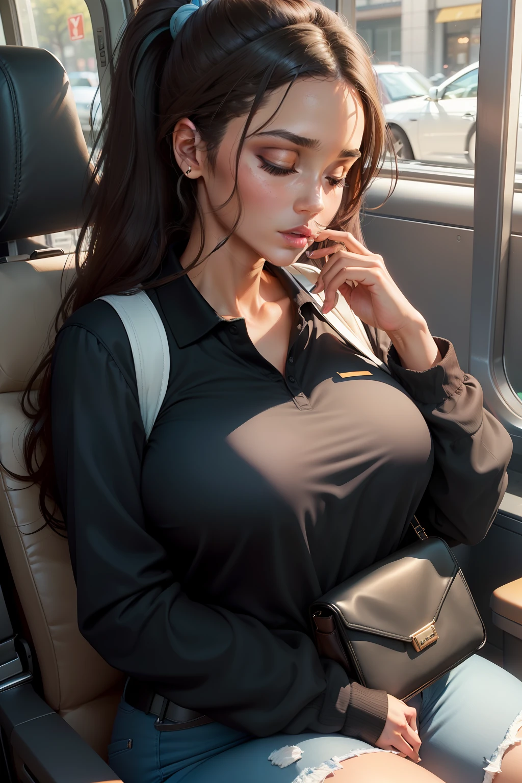 1 beautiful woman, large body, black and brown hair on the ends, ponytail, made-up eyelids, black long-sleeved polo shirt with neckline, neckline, straps on the neckline, light blue jeans, cream handbag, wearing headphones, sleeping with her mouth open , asleep in the bus seat, hanging head.