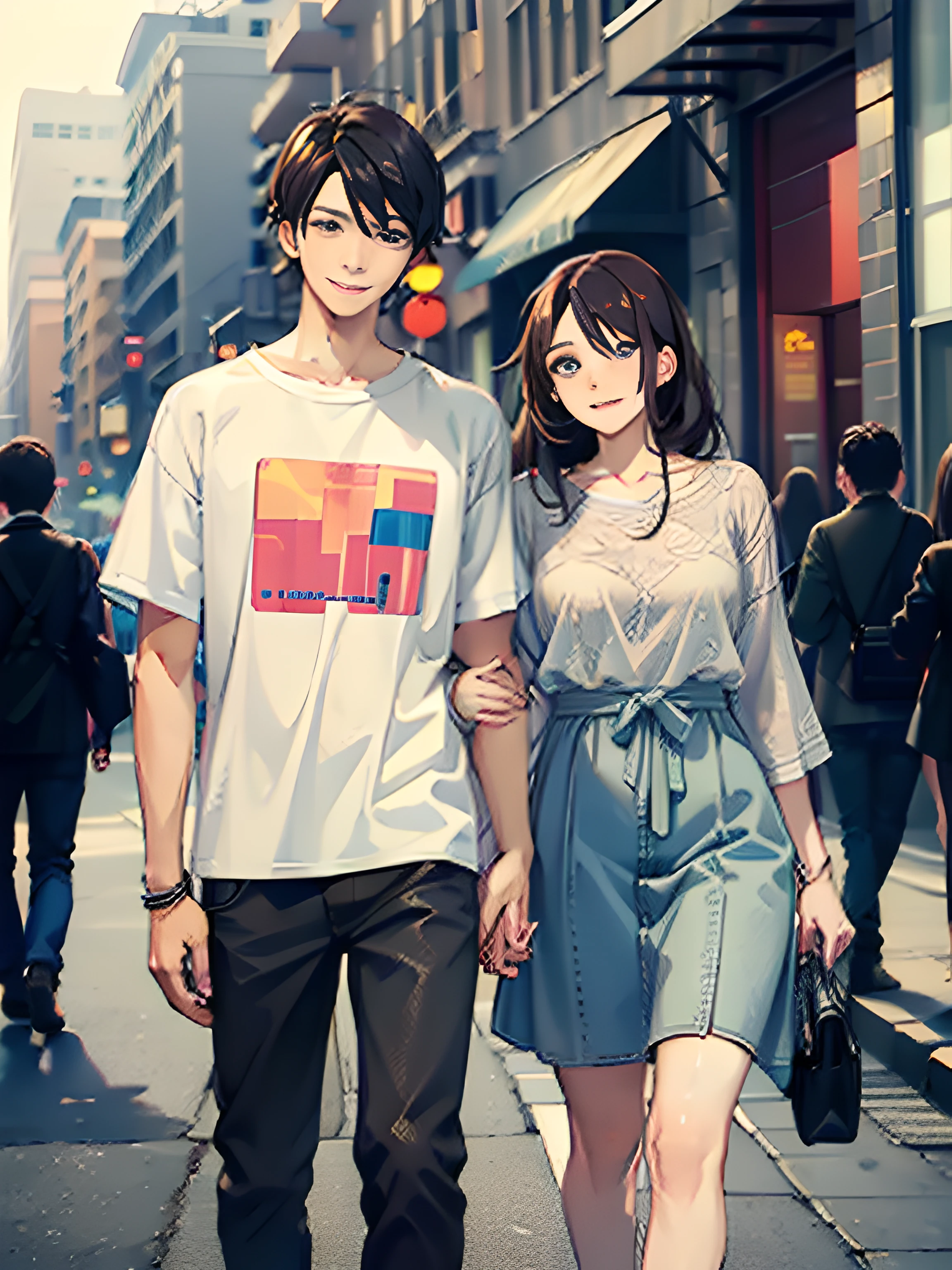 masterpiece, best quality, 2others, couple, 1man with 1woman, mature, adult, Height difference, different fashion, different color, finely detailed eyes and detailed face, intricate details, casual clothes, oversized shirt, modern urban street, holding hands, smile, happy, love