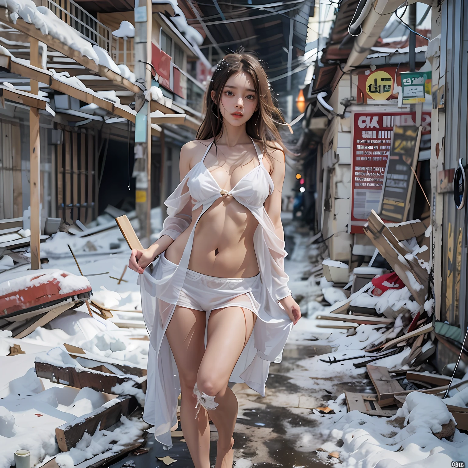 Abandoned construction sites，nevando，Thick snow，Sexy standing pose，White transparent bikini，Exposing the genitals ，Garbage all over the ground，Dilapidated，Devastated，best qualtiy，full-body portraits（1：1），18 years old girls，lean and slender body，Skinny，Smaller bust，The barefoot，Leaky ，Leakage of all breasts，Naked all over the body，facing to audience