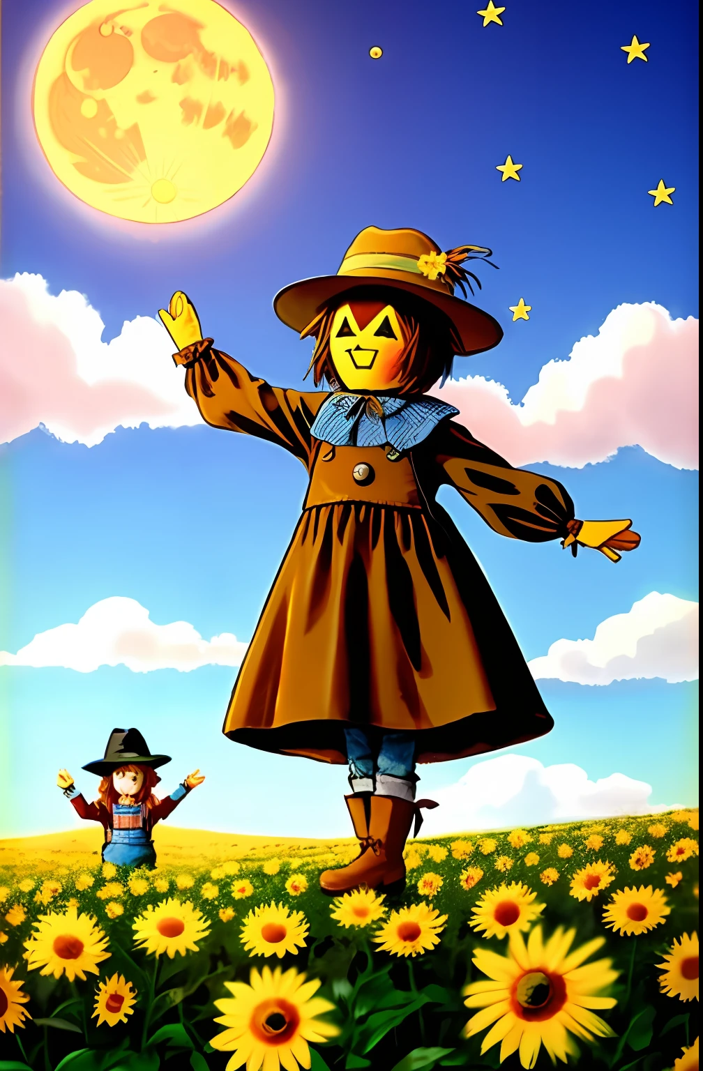 When all the cows were sleeping
And the sun had gone to bed
Up jumped the scarecrow
And this is what he said
 
I’m a dingle, dangle scarecrow
With a flippy, floppy hat
I can shake my hands like this
I can shake my feet like that
 
When all the hens were roosting
And the moon behind a cloud
Up jumped the scarecrow
And shouted very loud
 
I’m a dingle, dangle scarecrow
With a flippy, floppy hat
I can shake my hands like this
I can shake my feet like that
 
I’m a dingle, dangle scarecrow
With a flippy, floppy hat
I can shake my hands like this
I can shake my feet like that