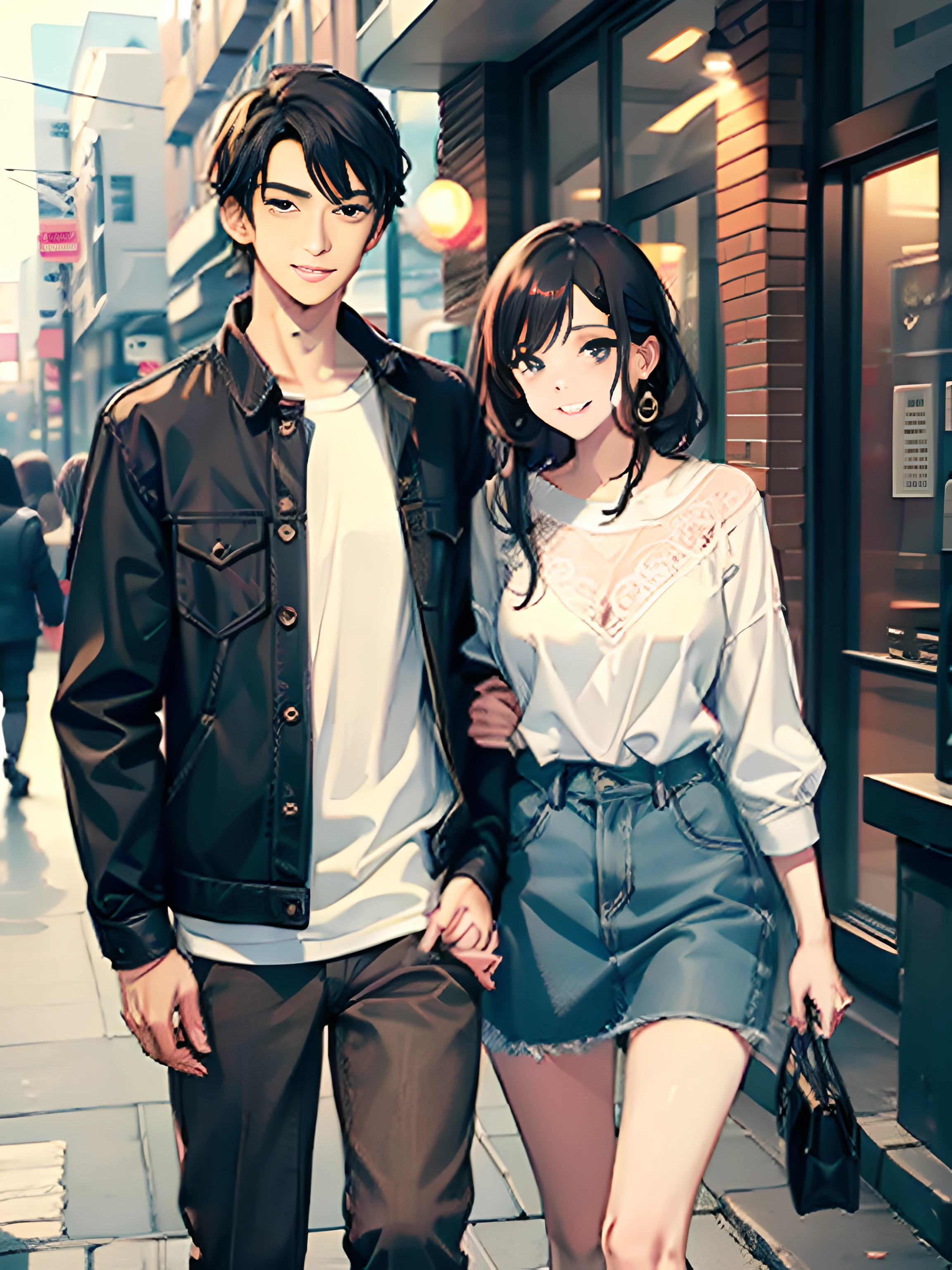 masterpiece, best quality, 2others, couple, 1man with 1woman, mature, adult, Height difference, different fashion, different color, finely detailed eyes and detailed face, intricate details, casual clothes, oversized shirt, modern urban street, holding hands, smile, happy, love