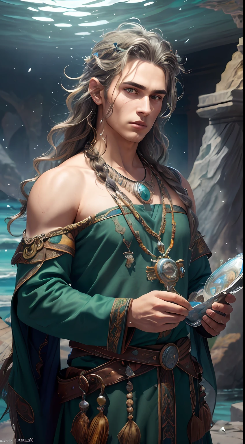 Couple (((male)), fashion shoot, (full portrait), (half), solo, detailed background, detailed face, (stonepunkAI, stone theme:1.1), wise, (beautiful hair, braid: 0.2), shaman, septum harsh, mysterious, (gorgeous face), stunning, head tilted up, (calm expression), calm, intimate interaction, sea bubble green worn clothes, rosary, Tribal ornaments, feathers in hair, headdress: 0.33, emerald, obsidian, detailed clothes, realistic skin texture, (floating particles, water swirls, embers, rituals, whirlwinds, wind: 1.2), clear focus, volumetric lighting, good highlights, good shadows, subsurface scattering, complex, highly detailed, ((film)), dramatic, (highest quality, award-winning, masterpiece: 1.5), (realism: 1.5),