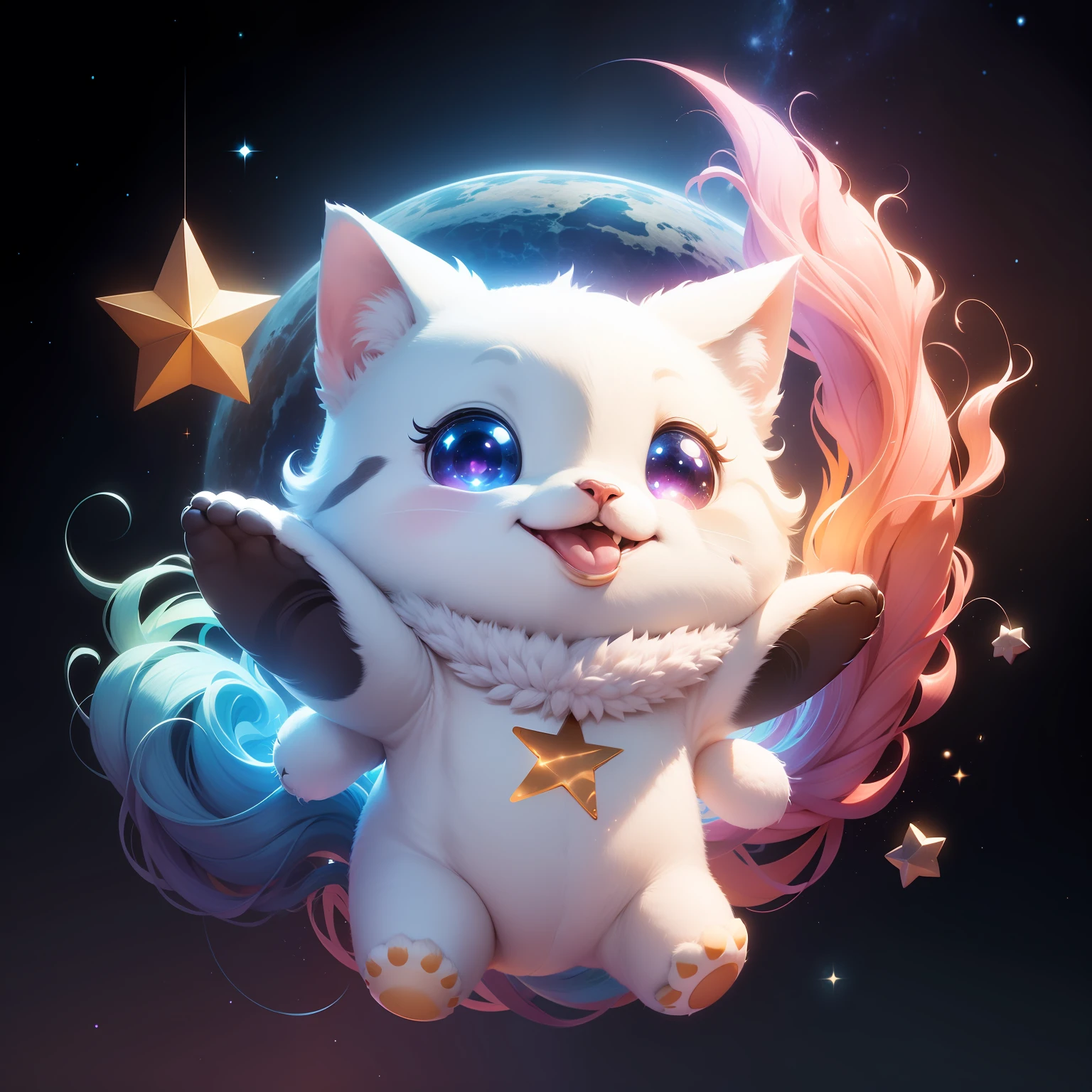 a creative cosmic animal cute, cute, smile, tail, minimalist, star details, looking up, animal focus, tshirt style
