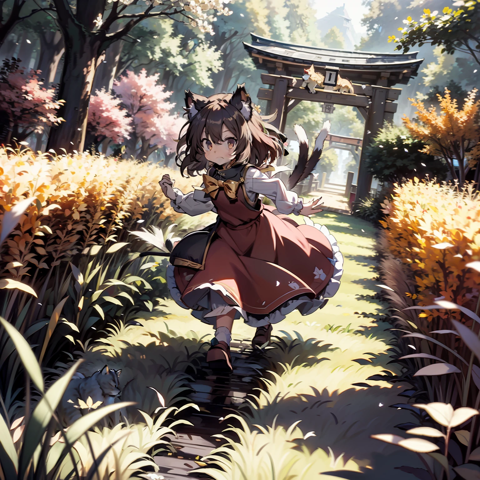 Illustration of Chen running around, masutepiece, Fine details, 4K, 8K, 12K, Solo, One Person, Beautiful Girl, caucasian female, old, Cat ears, tail,Brown hair、 Gensokyo, grass field, spring, flowercrown