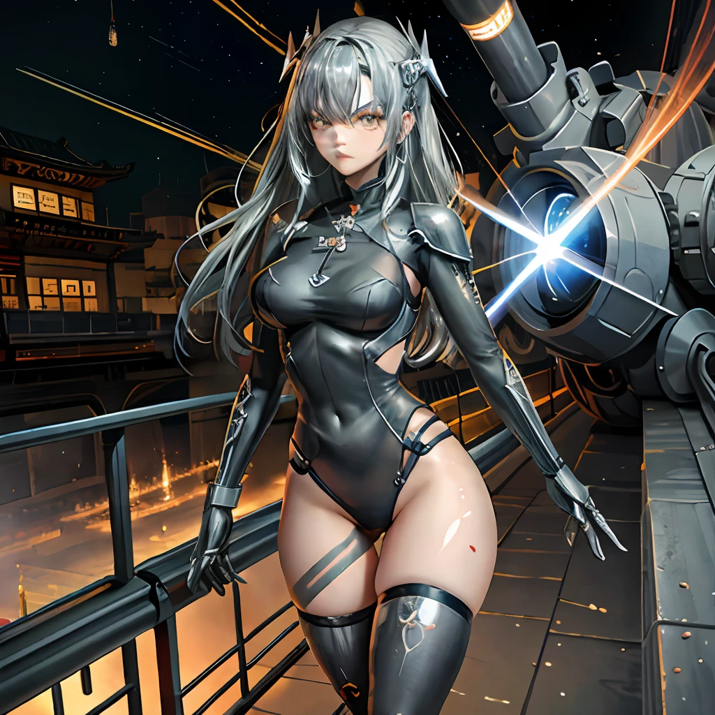 Gothic cyborg girl silver metal tights tube giant laser cannon Chinese symbols mottled old times