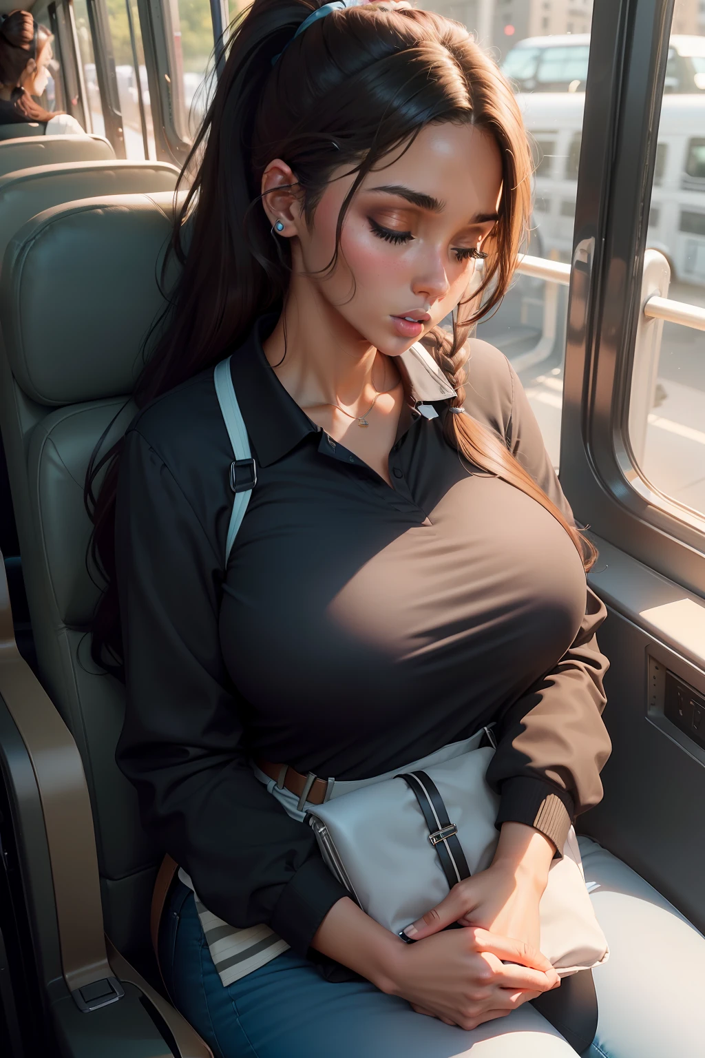 1 beautiful woman, large body, black and brown hair on the ends, ponytail, made-up eyelids, black long-sleeved polo shirt with neckline, neckline, straps on the neckline, light blue jeans, cream handbag, wearing headphones, sleeping with her mouth open , asleep in the bus seat, hanging head.
