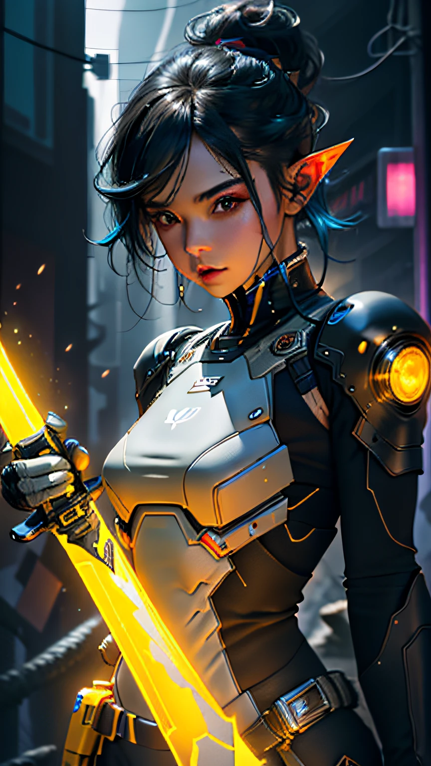 ultra detail, high resolution, ultra detailed, best quality, amazing, top quality, extremely detailed CG 8k wallpaper unit, cinematic lighting, cyberpunk, dark girl, black clothing, yellow armor, neon berde,cobalt blue hair, elf