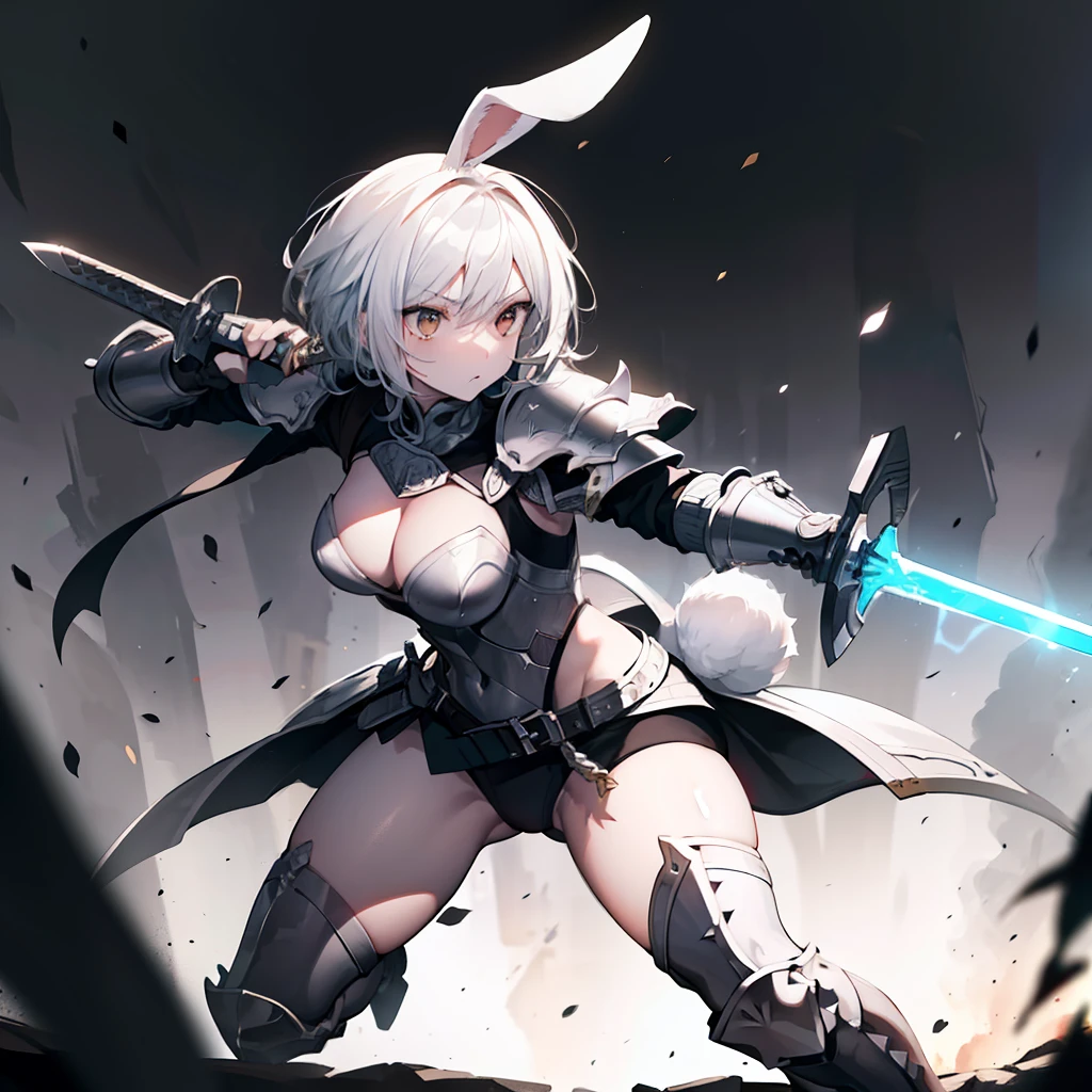 (highres, best quality), far from frame, depth of field, Adult female, (detailed, highly detailed), soft lighting, (color_contrast), short white hair, one side shaved, hair parted, brown eyes, rabbit ears, rabbit tail, fitted armor, full body armor, medium breasts, brandishing a sword: longsword, silver steel on cross guard, ornament pummel, holding hilt of the sword, (detailed hands), (detailed weapon), on a battlefield, looking fierce, looking determined, detailed eyes, cute, toned body, legs covered, muscular arms, surrounded by a malicious aura