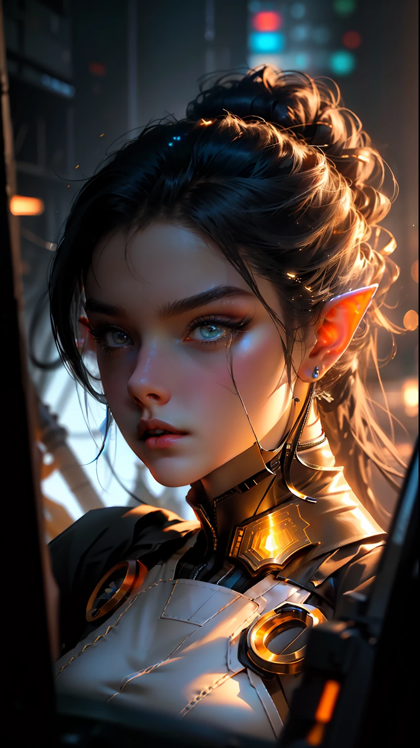 ultra detail, high resolution, ultra detailed, best quality, amazing, top quality, extremely detailed CG 8k wallpaper unit, cinematic lighting, cyberpunk, dark girl, black clothing, yellow armor, neon berde,cobalt blue hair, elf