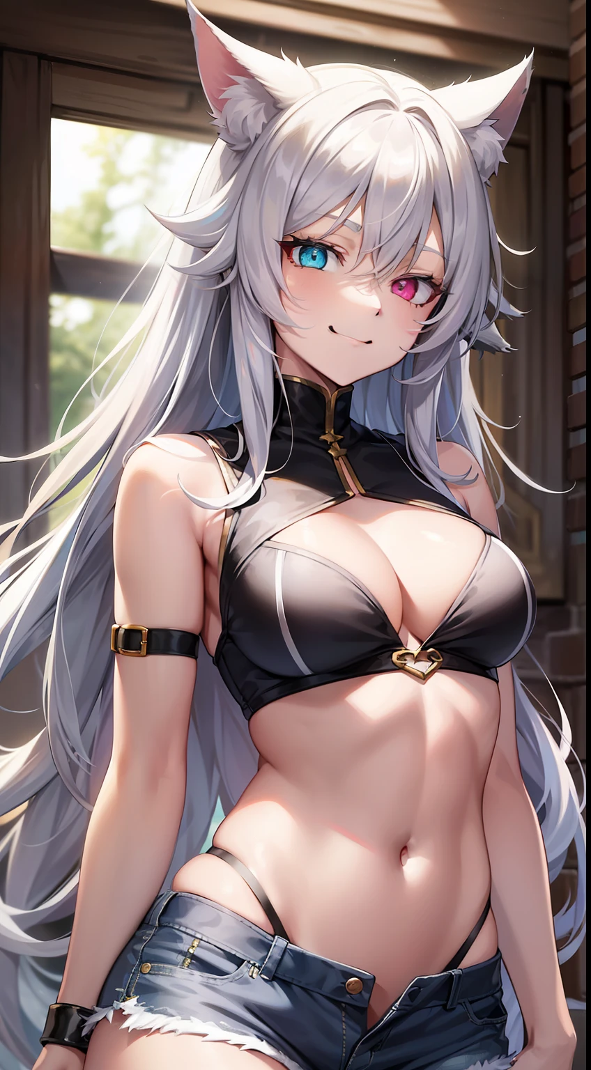 young girl, Long white hair, Cat's ears, Heterochromia, Yellow left and blue right eyes, tight turquoise top, Sleeveless, Shorts, open belly, White patterns on clothes, smirk, Daggers, Masterpiece, hiquality