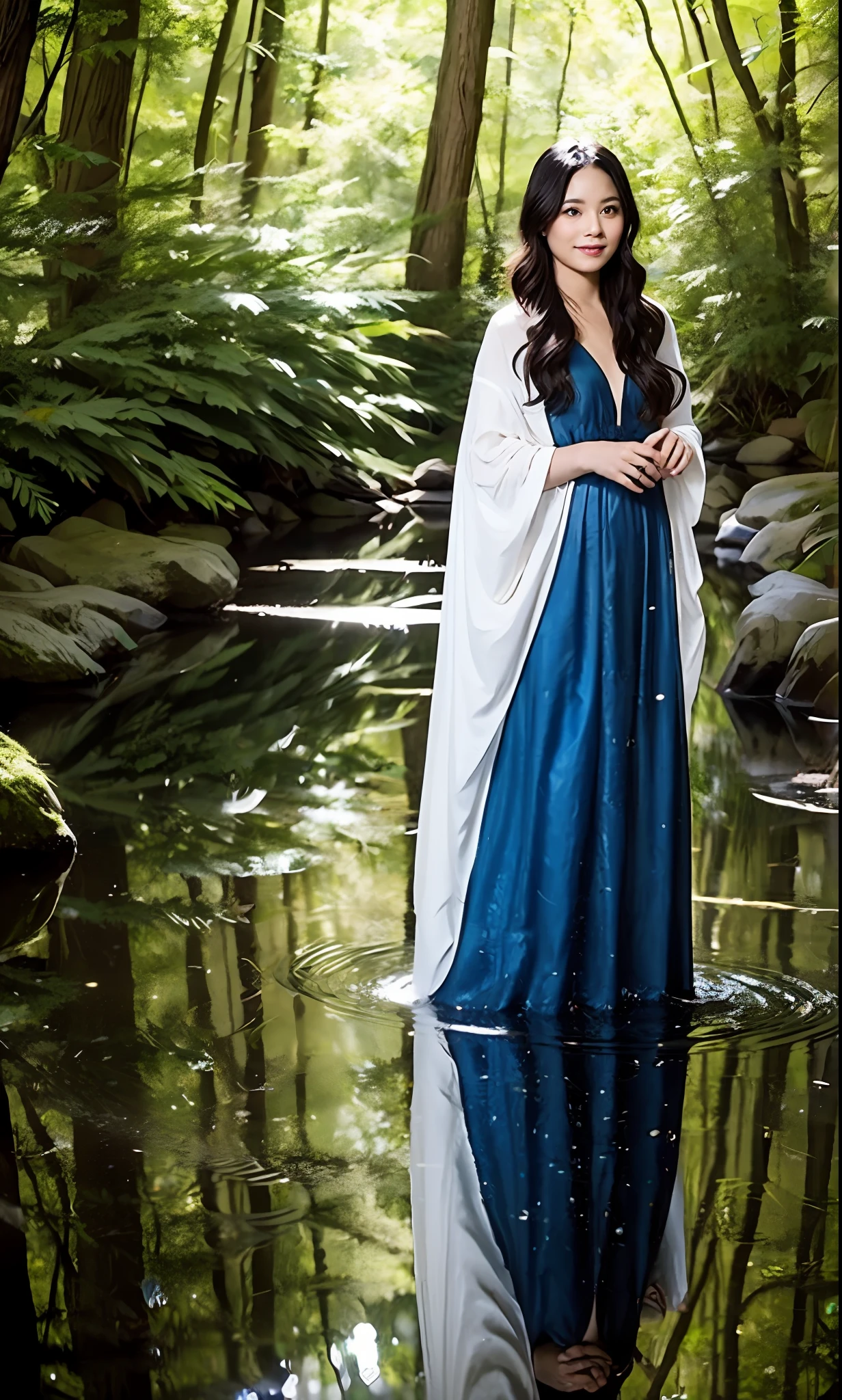 A beautiful enchantress stands at the edge of a crystal-clear forest stream. Status: Her robes are flowing around her, eyes reflecting the sparkle of the water. Composition: Captured from a medium shot, the stream leading the eye to the enchantress, by Alan Schaller --ar 9:14 50 --style raw --s 2