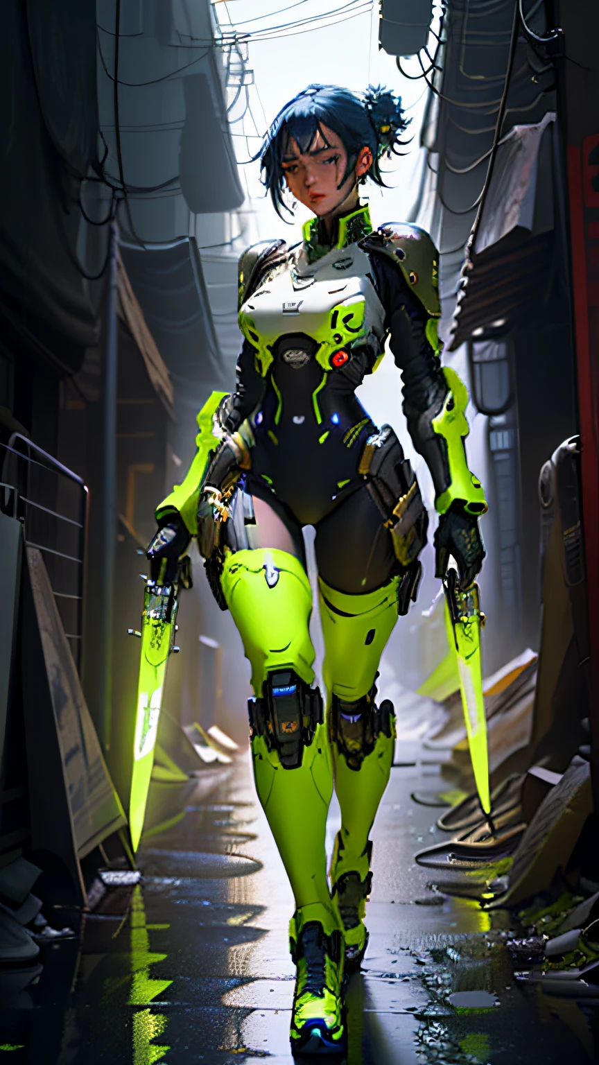 ultra detail, high resolution, ultra detailed, best quality, amazing, top quality, extremely detailed CG 8k wallpaper unit, cinematic lighting, cyberpunk, dark girl, black clothing, yellow armor, neon berde,cobalt blue hair, elf