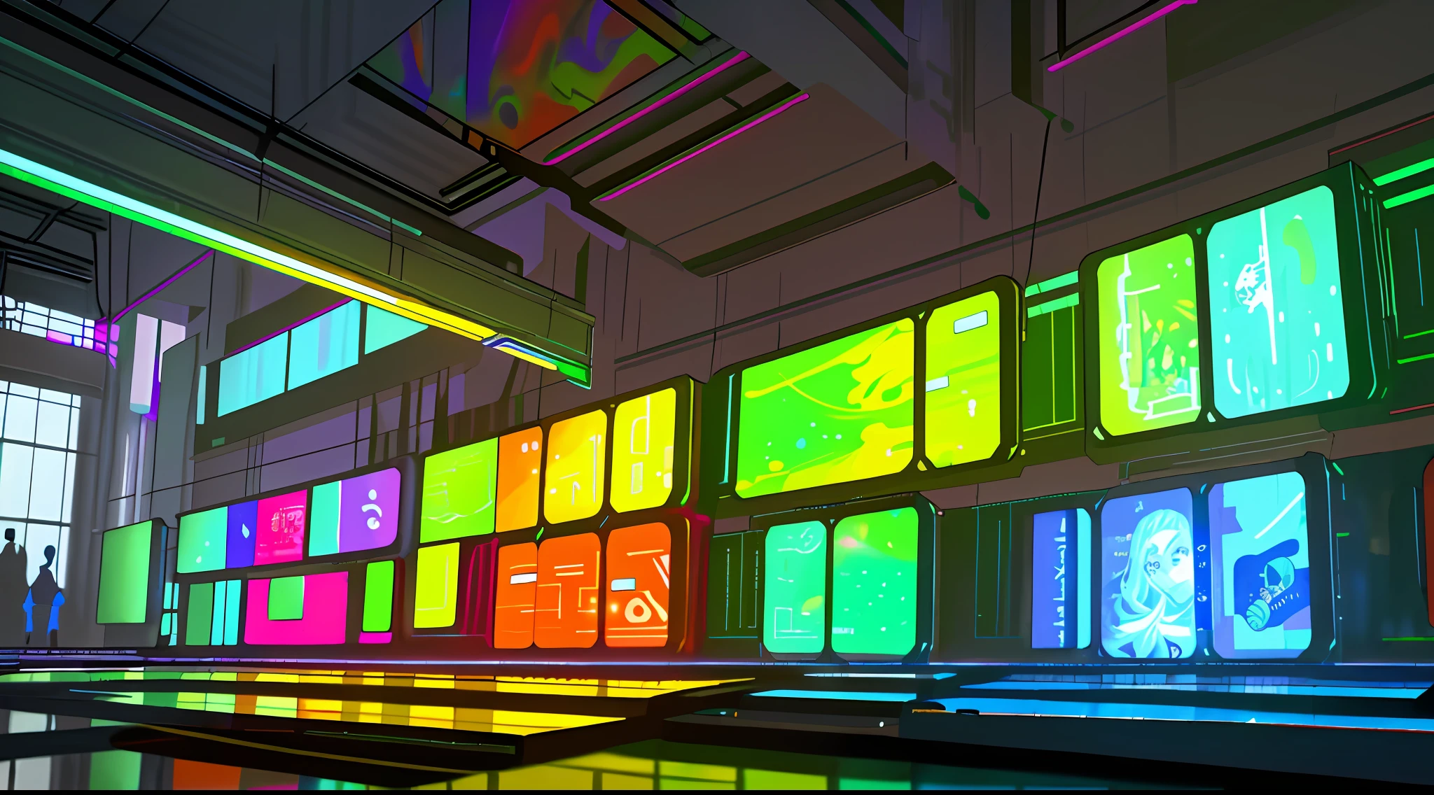 Indoor rectangular space,,Narrow and deep space, A 3-meter-tall,Colorful and bright,Pigment Museum,Immersive feeling, The large number of paint tubes on the walls on both sides forms a huge neat array of art,Inside are some LED screens,Showcasing the history of Marley brand pigments,There are many colored arrays on the walls,Colorful colorful,Rainbow,, 8K high precision,concept design,Cinematic level,Interior showroom design,High detail,high-tech feel, Futuristic style, LCD screen and digital interactive technology,Some LEDs and history display bars on the wall, The top surface is specular,A beautiful space that forms infinite reflections,concept design,8K, Bright and clean,