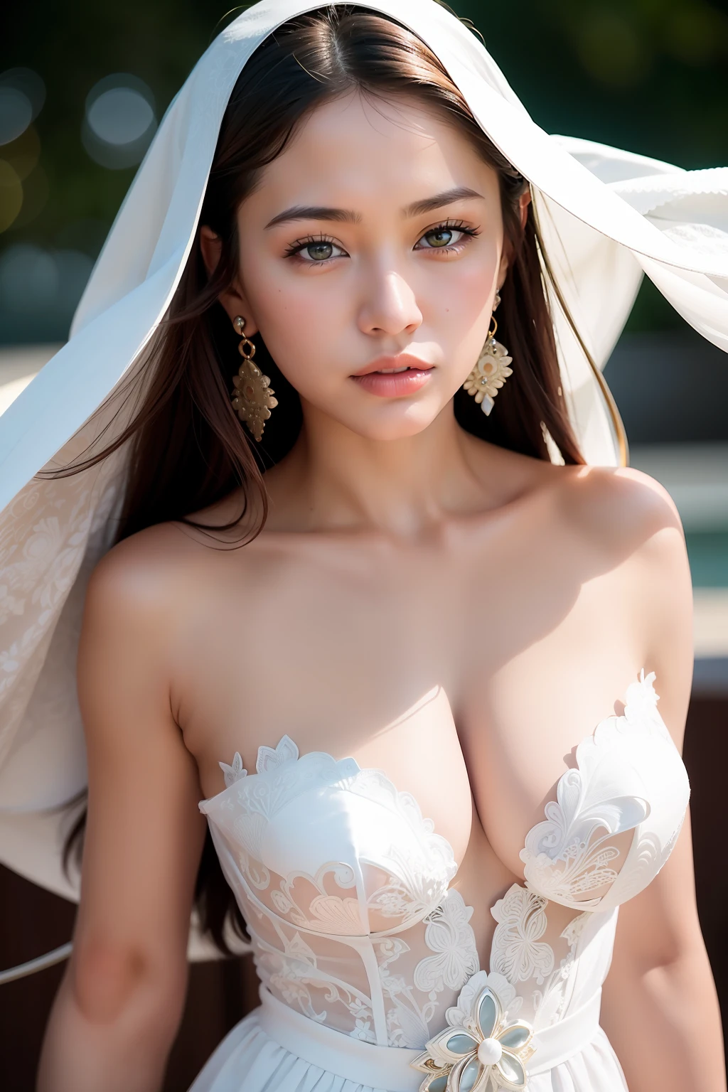 A beautiful model in a white dress ,closed lips,on the sand , traditional costumes, exquisite clothing detail, light gray ,32k uhd, flowing lines, meticulous design，crisp and clean, pure color,UHD anatomically correct, clear facial features,extream detail, best quality, Very delicate facial features,close-up, 35mm lens, f/1.8, accent lighting, global illumination,  --s 750 --style raw