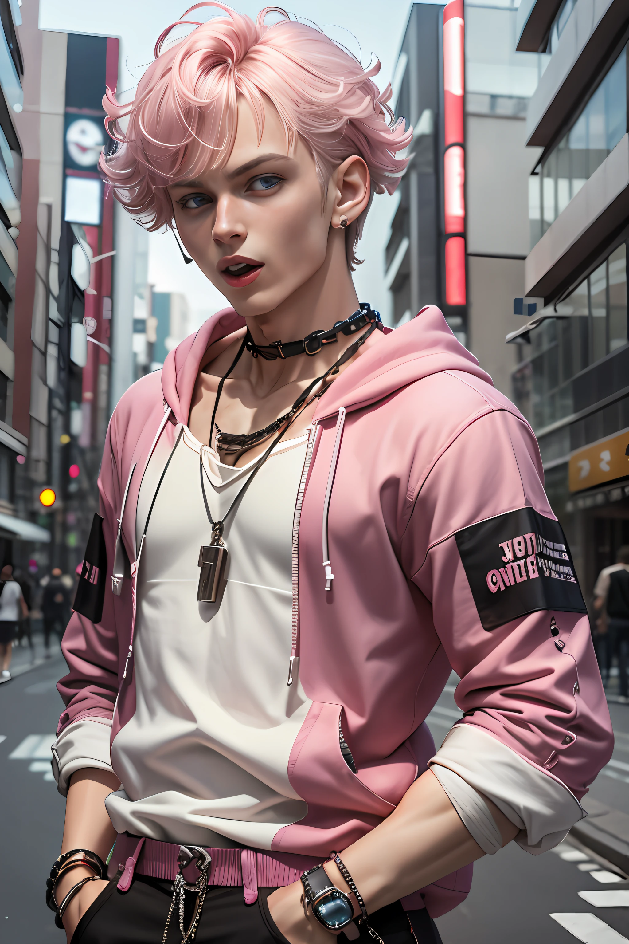 3d, 1boy, looking at viewer, street fashion, cute, chain on neck, pink clothing, tongue out, tokyo, neons, blue eyes, mullet, finger rings, detailed clothing, 8k, best defention