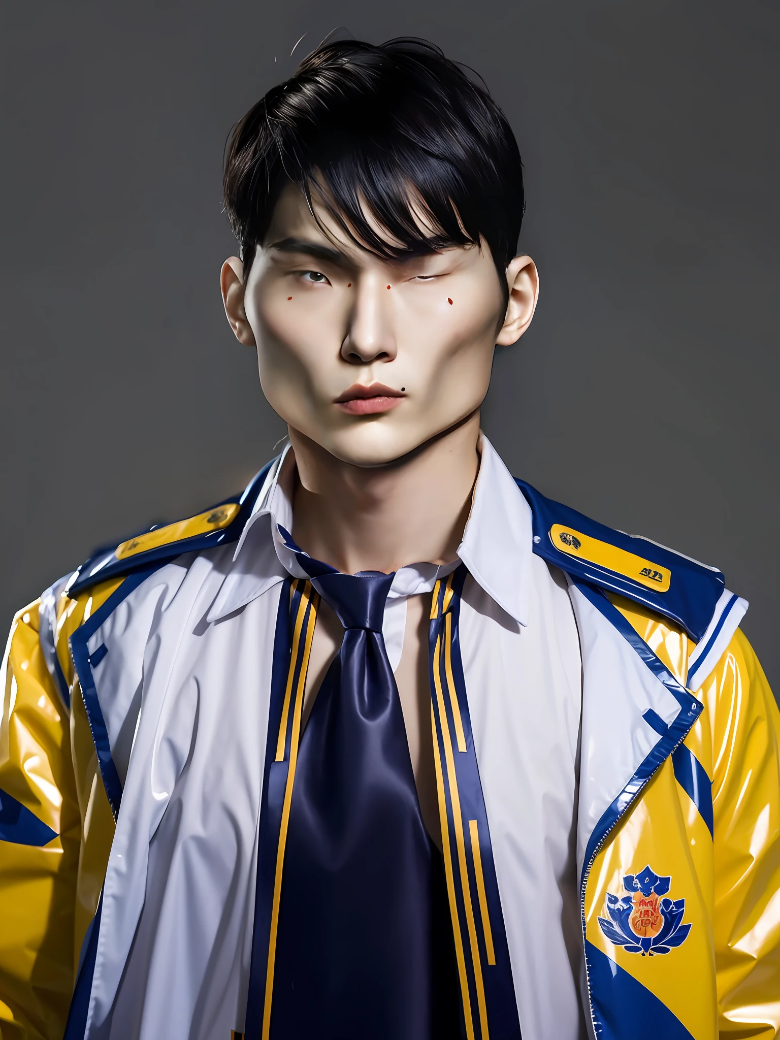 A Chinese male high school student，Wearing PVC Chinese high school uniform，Wear a tie