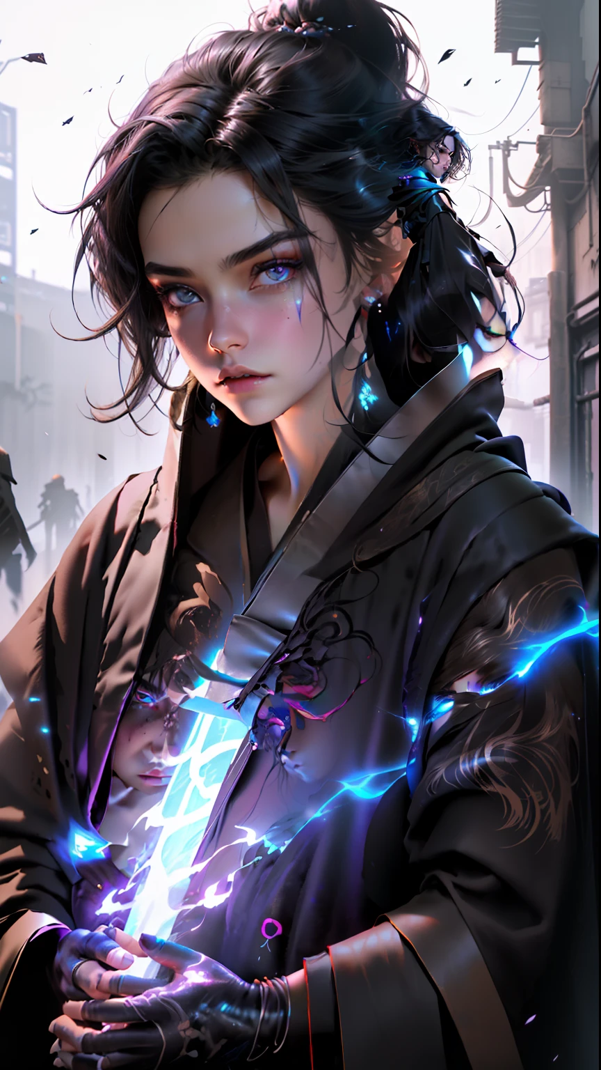 Cyberpunk female, fantasy world, dark background, clean design, epic Instagram, artstation, colorful paint splatter, silhouette, hyper detailed intricate details, unreal engine, fantasy, intricate details, splash screen, complementary colors, Fantasy concept art, 8k resolution, deviant art masterpiece, oil painting, heavy strokes, paint dripping, (isolated on white background: 1.3), rainbow skin, (((beautiful edgy woman))), (glowing blue eyes), ((brown eyes)), ((((short black hair: 1.1))), ((black clothes)), (princess\\(indifferent expression\\),, ( ((Wears high detail luxurious black robe))), black hair, frost magic --v 6