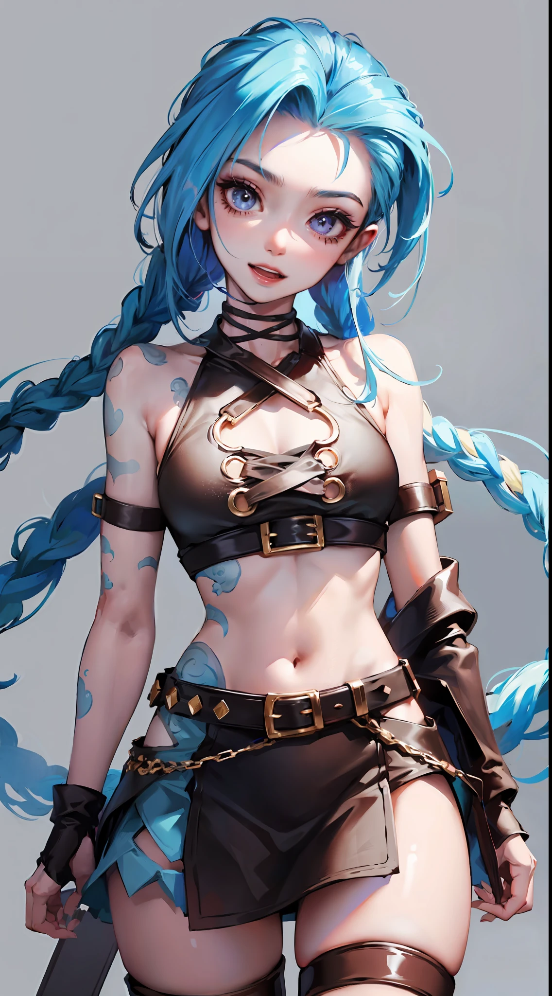 jinx,having fun，Student clothing，Superskirt，Crop topping，cute-style，highly rendered，detailed face with，Fleshy thighs