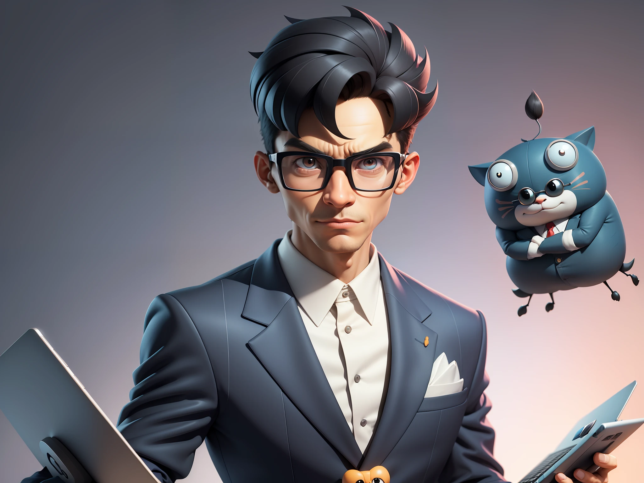 A young man in a suit and pants, Short hair and glasses sat at his desk,holding laptop,digitial painting,tigre,3D character design by Mark Clairen and Pixar and Hayao Miyazaki and Akira Toriyama,4K HD illustration,Very detailed facial features and cartoon-style visuals。