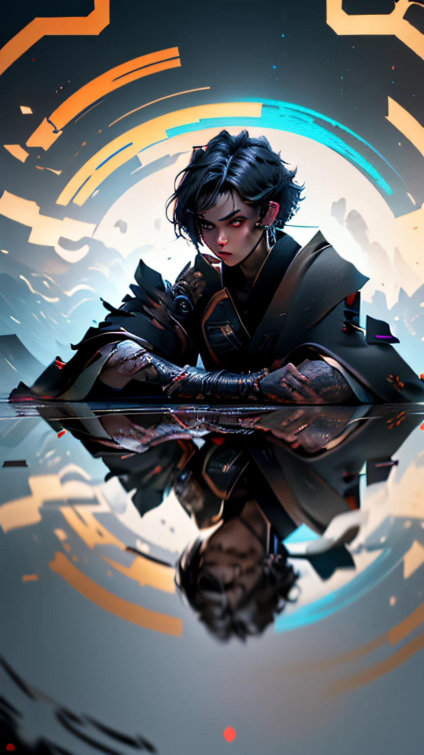 Cyberpunk female, fantasy world, dark background, clean design, epic Instagram, artstation, colorful paint splatter, silhouette, hyper detailed intricate details, unreal engine, fantasy, intricate details, splash screen, complementary colors, Fantasy concept art, 8k resolution, deviant art masterpiece, oil painting, heavy strokes, paint dripping, (isolated on white background: 1.3), rainbow skin, (((beautiful edgy woman))), (glowing blue eyes), ((brown eyes)), ((((short black hair: 1.1))), ((black clothes)), (princess\\(indifferent expression\\),, ( ((Wears high detail luxurious black robe))), black hair, frost magic --v 6