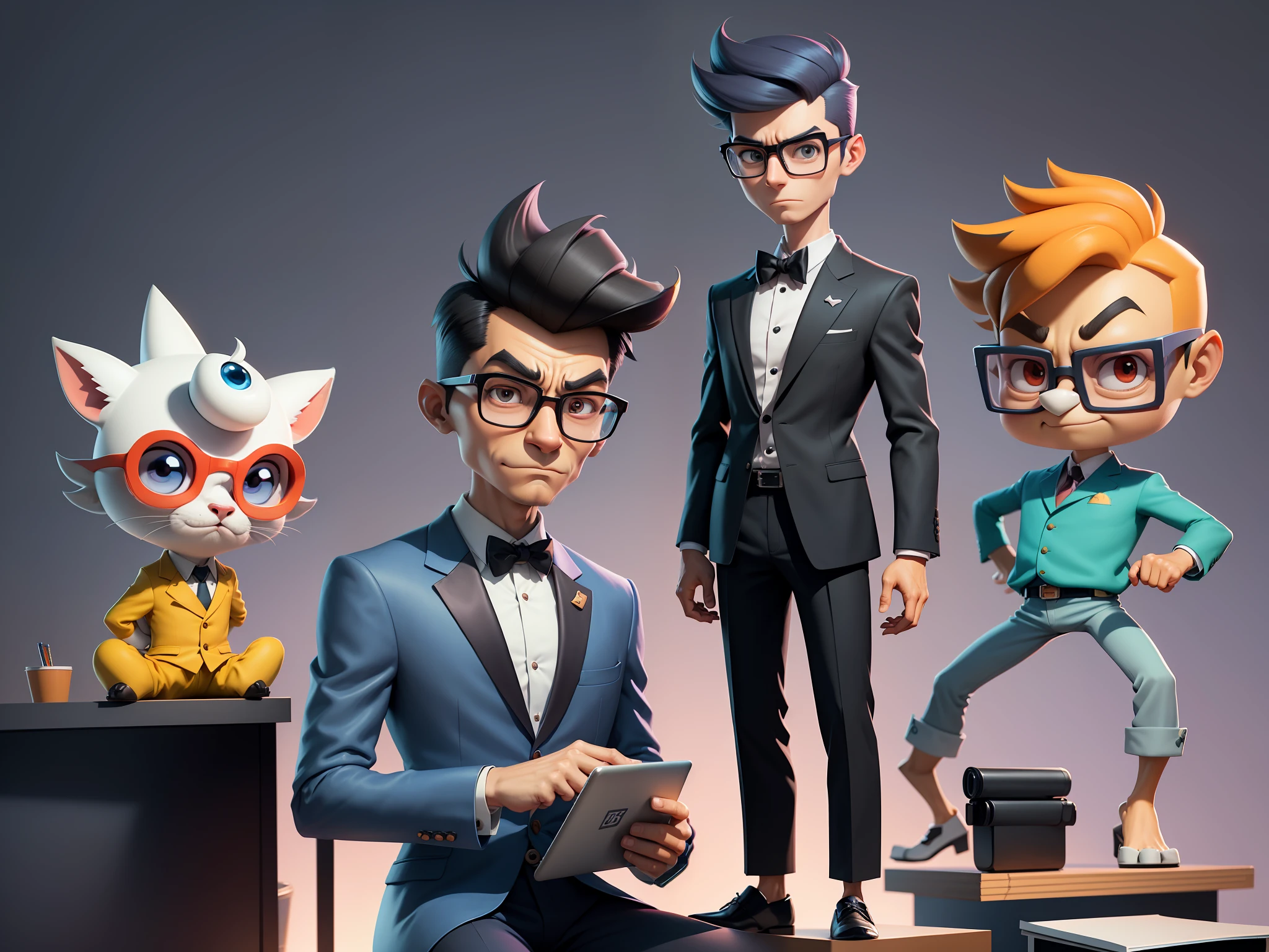 A young man in a suit and pants, Short hair and glasses sat at his desk,holding laptop,digitial painting,tigre,3D character design by Mark Clairen and Pixar and Hayao Miyazaki and Akira Toriyama,4K HD illustration,Very detailed facial features and cartoon-style visuals。