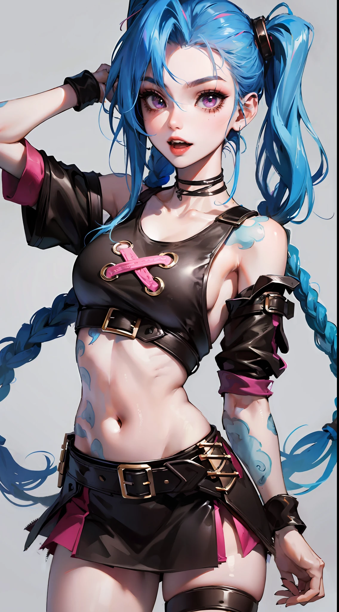 jinx,having fun,Student clothing,Superskirt,Crop topping,cute-style,highly rendered,detailed face with,Fleshy thighs