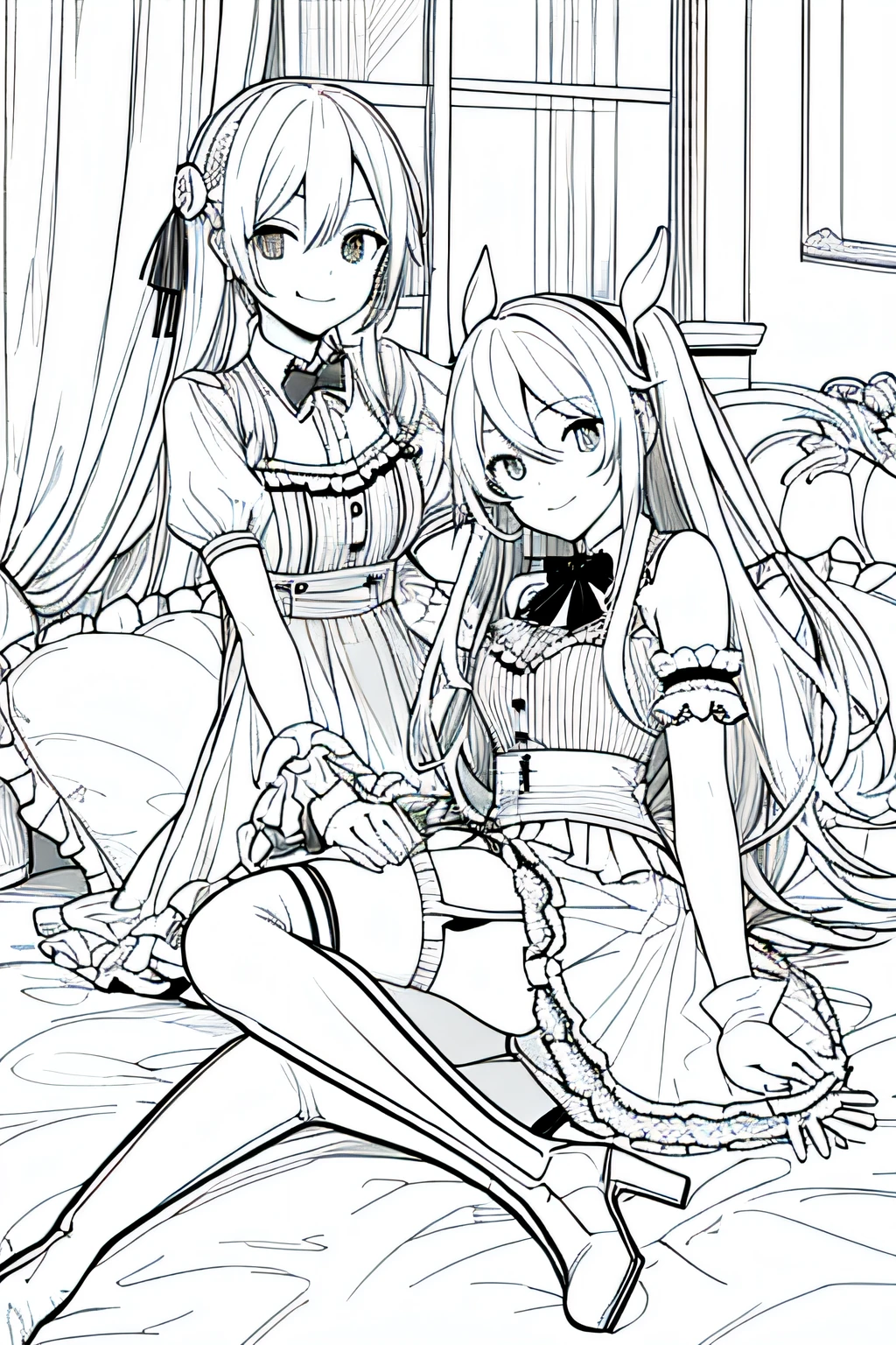 tmasterpiece，best qualityer，pillow head，a garter belt，2girl，Cushion，long whitr hair，Stockings，frilled pillow，a skirt，独奏，sofe，boots，ssmile，Heart-shaped pillow，looking at viewert，nedium breasts，dual horsetail，jaket, Beds, high-heels, Sweet devil\(vocaloid\), lips parted, Mono Color, line-art,