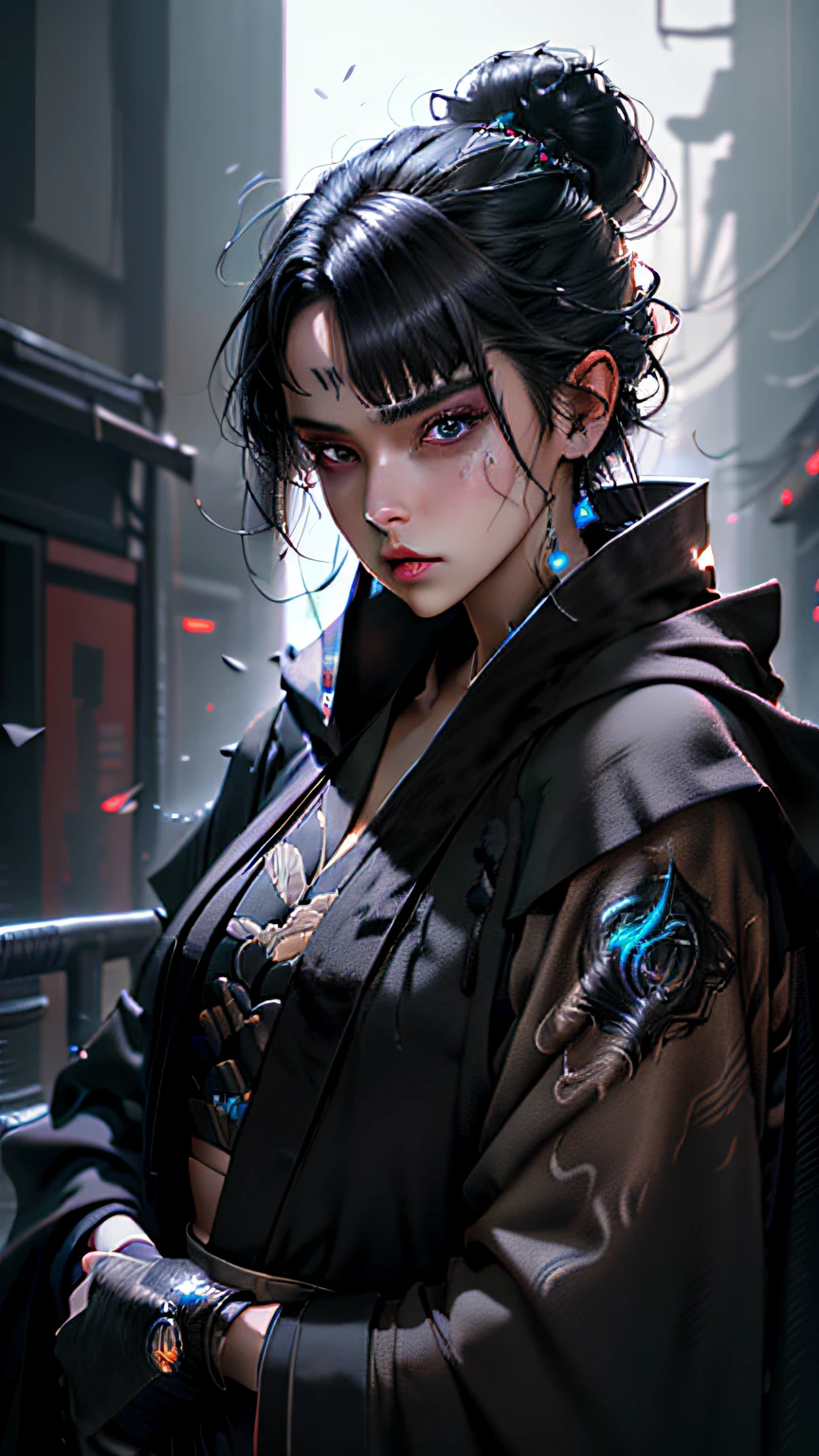 Cyberpunk female, fantasy world, dark background, clean design, epic Instagram, artstation, colorful paint splatter, silhouette, hyper detailed intricate details, unreal engine, fantasy, intricate details, splash screen, complementary colors, Fantasy concept art, 8k resolution, deviant art masterpiece, oil painting, heavy strokes, paint dripping, (isolated on white background: 1.3), rainbow skin, (((beautiful edgy woman))), (glowing blue eyes), ((brown eyes)), ((((short black hair: 1.1))), ((black clothes)), (princess\\(indifferent expression\\),, ( ((Wears high detail luxurious black robe))), black hair, frost magic --v 6