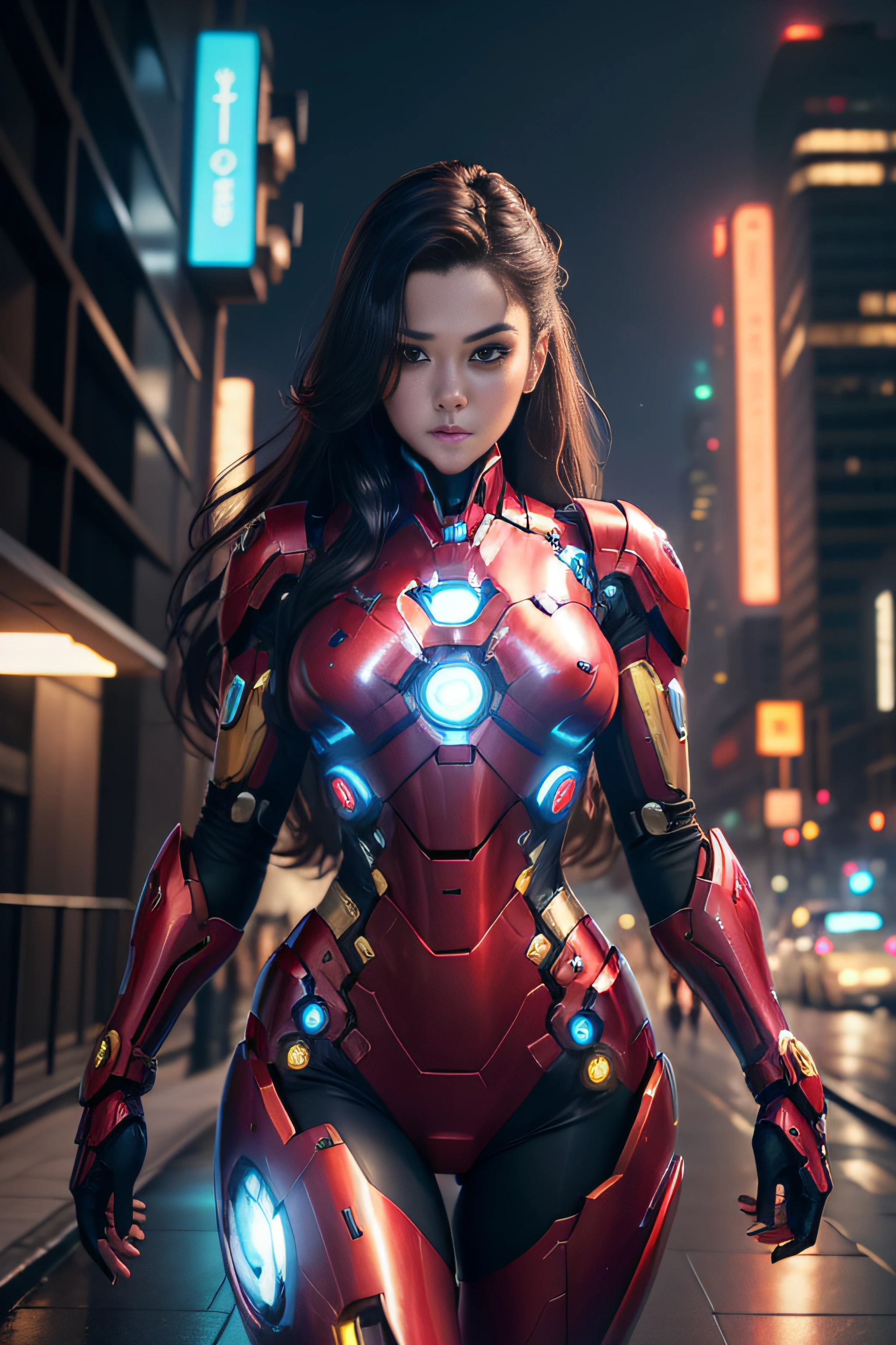 8k, realistic, attractive, highly detailed, a 20 year old girl a sexy and attractive woman inspired by Iron Man wearing a shiny Iron Man mech. She dresses with sexiness and confidence, perfectly interpreting Iron Man's strength and charisma. In a cyberpunk-style city night scene, a sexy and attractive woman takes Iron Man's cosplay as the theme. Wearing a shiny Iron Man mech, she stands on a street lined with tall buildings. The night lights of the city are bright, reflecting on her mecha, adding a sense of future technology. The surrounding buildings and streets are full of cyberpunk elements, such as neon lights, high-tech devices and futuristic architectural designs. The whole scene is full of futuristic and sci-fi atmosphere. This high-definition, high-quality picture will bring you stunning visual enjoyment, a perfect combination of sexy, futuristic and sci-fi elements. oc rendering, dramatic lighting, award winning quality