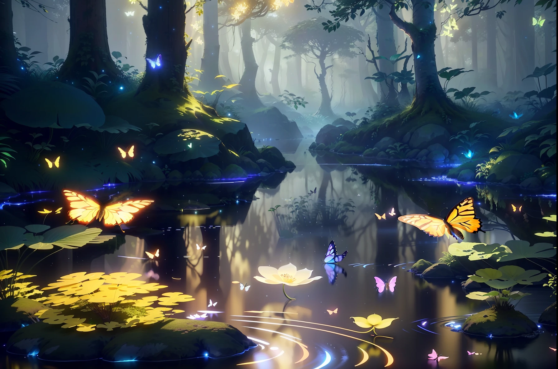 A masterpiece, the best quality, stunning reflections, the best reflections ever. (very detailed CG unity 8k wallpapers), (best quality), (best illustrations), (best shadows), forest theme with natural elements. Tall trees, quiet streams, small glowing mushrooms surrounded by delicate leaves and branches, with fireflies and glowing particle effects,, (natural elements), (jungle theme), (leaves), (twigs), (fireflies), butterflies, (delicate leaves), (glow), (particle effects). , Isometric 3D, Octane Rendering, Ray Traced, Super Detailed