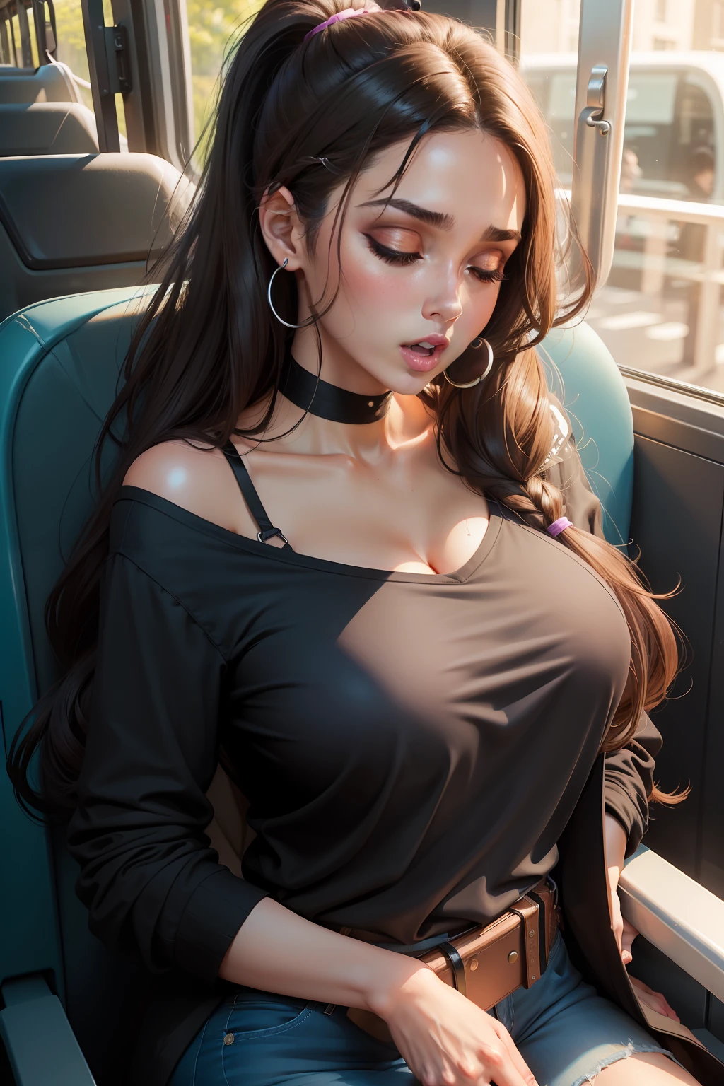 1 beautiful woman, large body, black and brown hair on ends, ponytail, eyelids made up, eyelids outlined with makeup, black long-sleeved polo shirt with neckline, neckline, strappy neckline, light blue jeans, cream clutch, wearing headphones, sleeping open-mouthed, asleep on the bus seat, head hanging, mouth wide open, nodding.