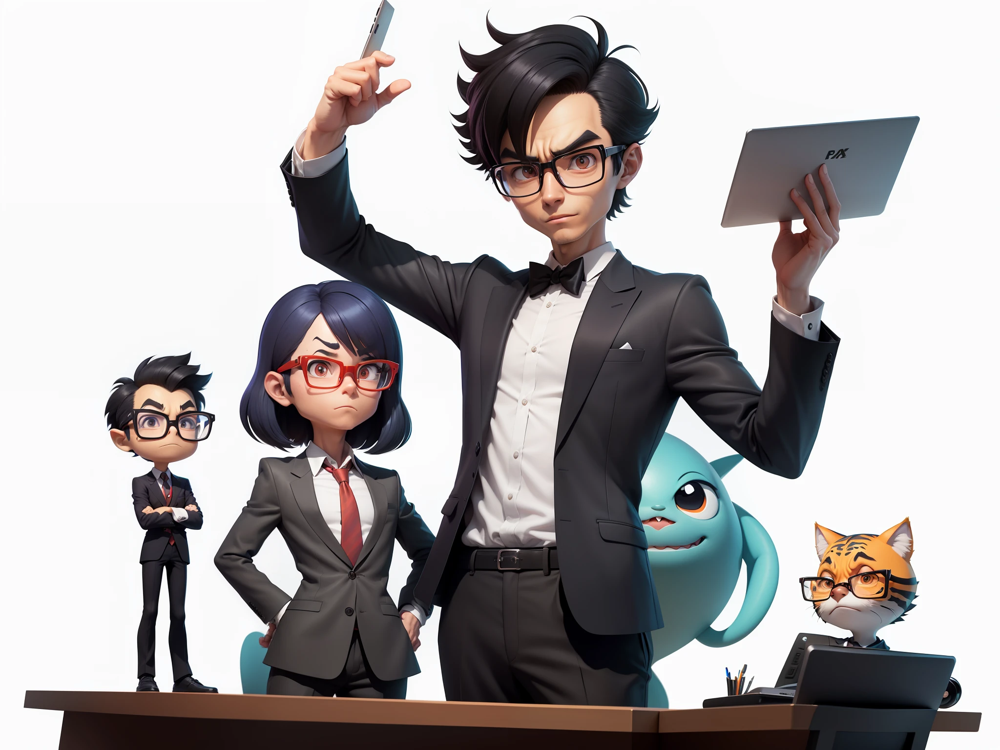 A young man in a suit and pants, Short hair and glasses sat at his desk,holding laptop,digitial painting,tigre,3D character design by Mark Clairen and Pixar and Hayao Miyazaki and Akira Toriyama,4K HD illustration,Very detailed facial features and cartoon-style visuals。