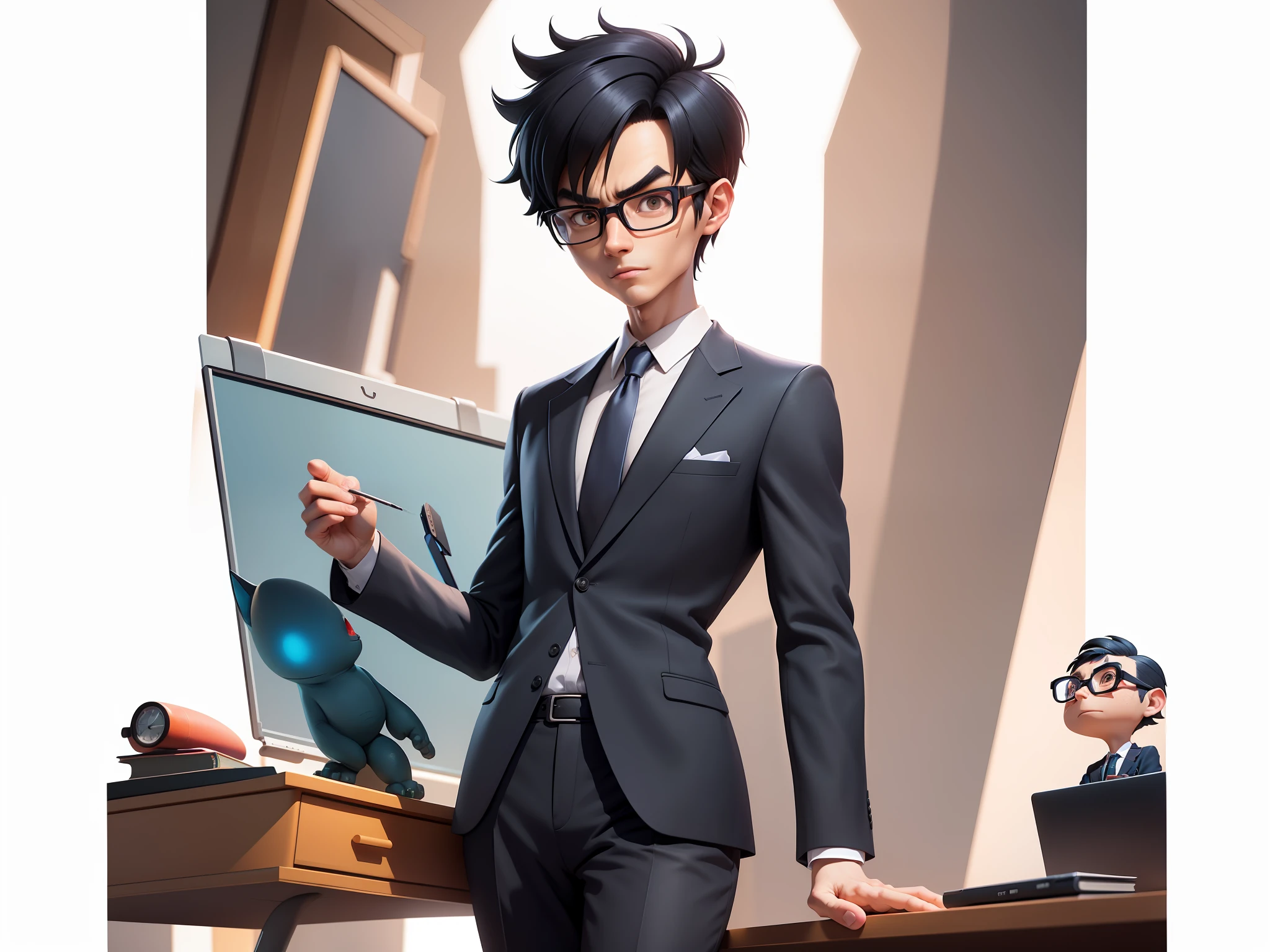 A young man in a suit and pants, Short hair and glasses sat at his desk,holding laptop,digitial painting,tigre,3D character design by Mark Clairen and Pixar and Hayao Miyazaki and Akira Toriyama,4K HD illustration,Very detailed facial features and cartoon-style visuals。