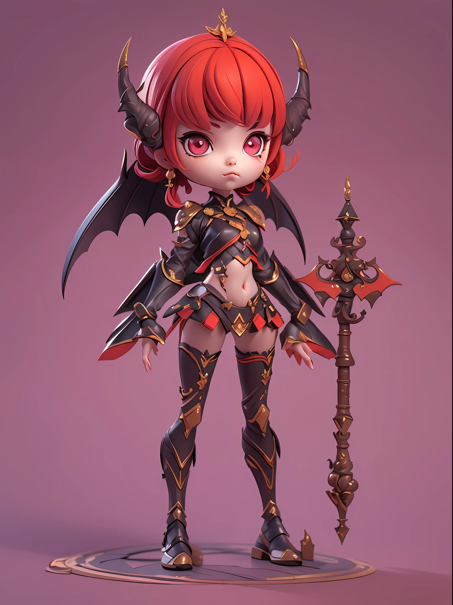 (3 d model、tchibi，Q version cartoon big-headed doll), 1 Beautiful female succubus（big headed、redheadwear、Bat wings）、Full body standing painting，big beatiful eyes，详细的脸，slender figures、Thin leg，Red demon armor，3Drenderingof，cinmatic lighting，Ray traching，white backgrounid，tmasterpiece