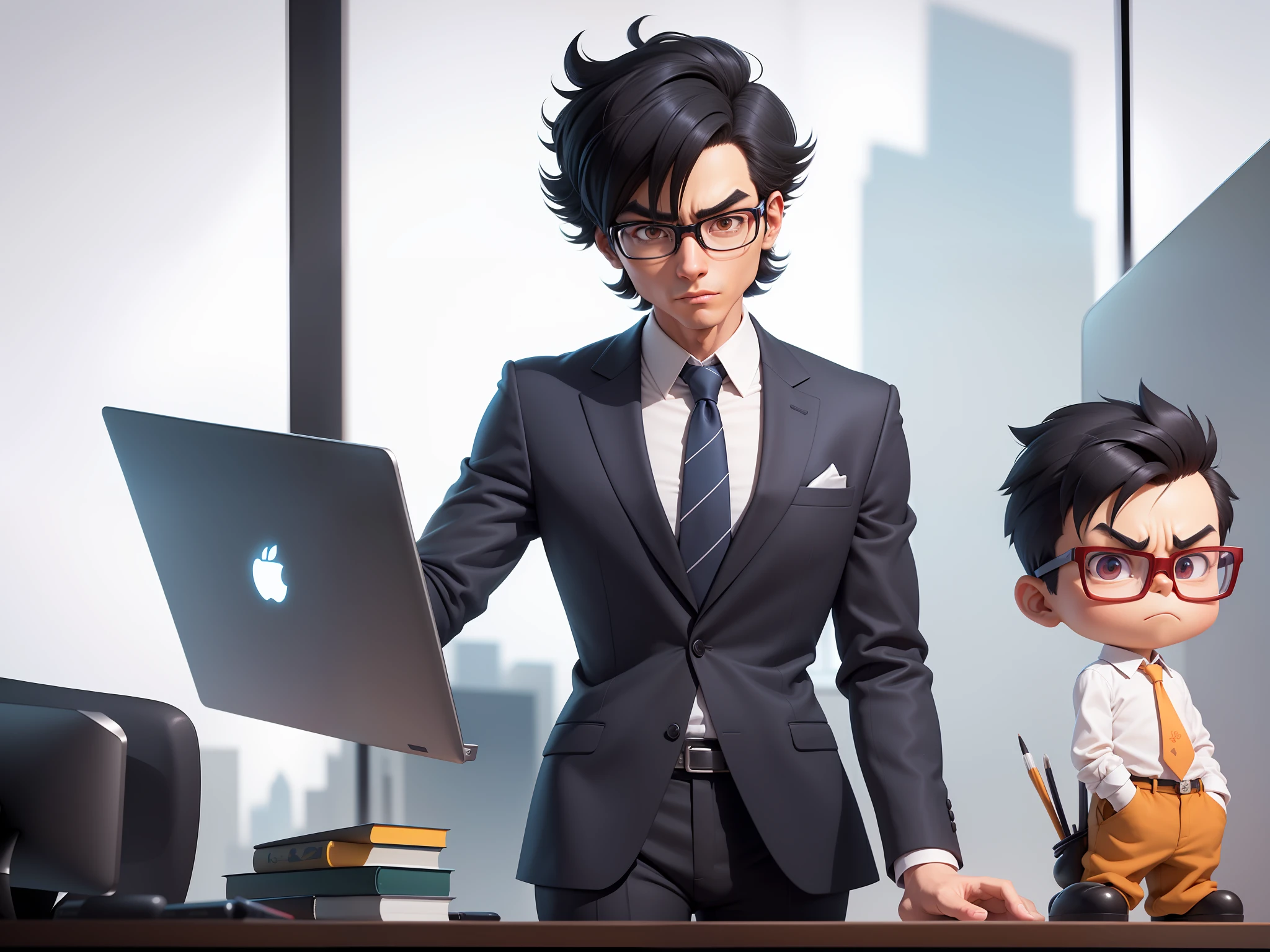 A young man in a suit and pants, Short hair and glasses sat at his desk,holding laptop,digitial painting,tigre,3D character design by Mark Clairen and Pixar and Hayao Miyazaki and Akira Toriyama,4K HD illustration,Very detailed facial features and cartoon-style visuals。