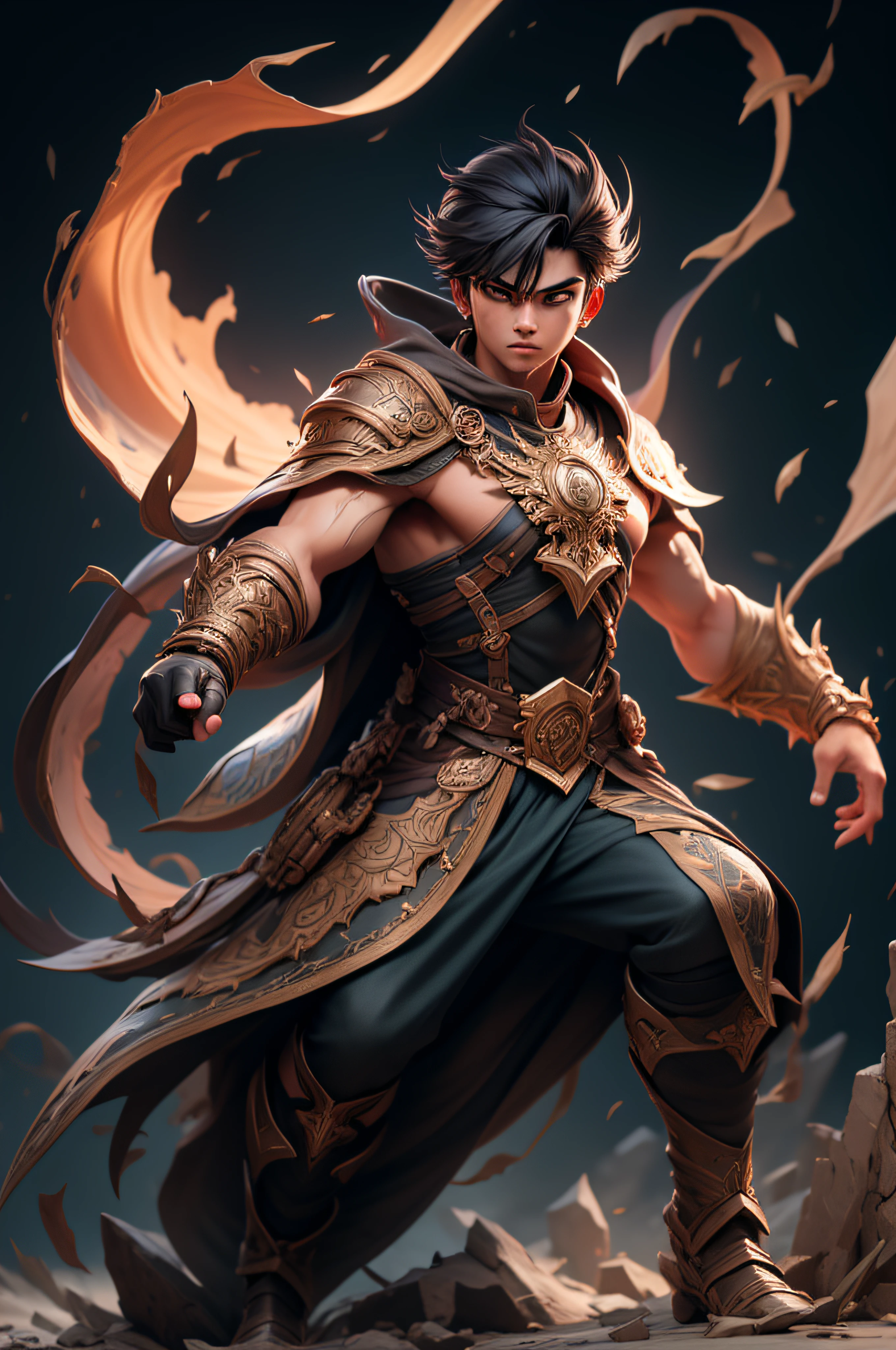 1boy, dynamic pose, epic battle, dynamic background, intense battle stance, 4k wallpaper, intricate details, dark fantasy artwork