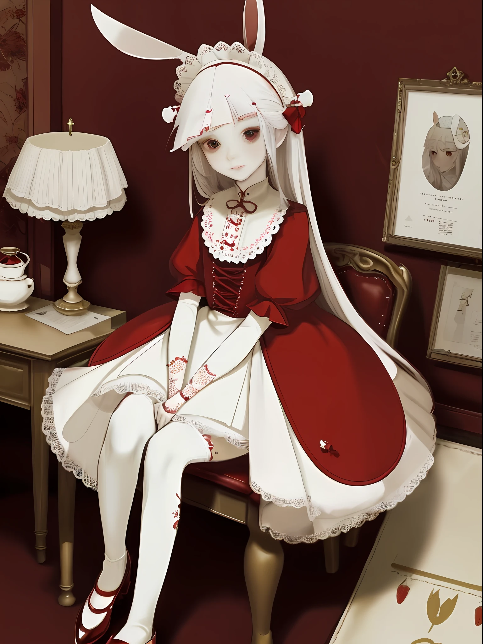 tmasterpiece,1girll,HighestQuali,Correct proportions,the detail,whaite hair,long whitr hair,white hair,Translucent red eyes,White lace headdress,Lace headdress,white headgear,Bow rabbit ears,Bunny ears,Red bow,Strawberry side dishes,Sat down,White dress,red decoration,Lace,white legwear,Little red leather shoes,Strawberry side dishes,fundo vermelho,bunny tail