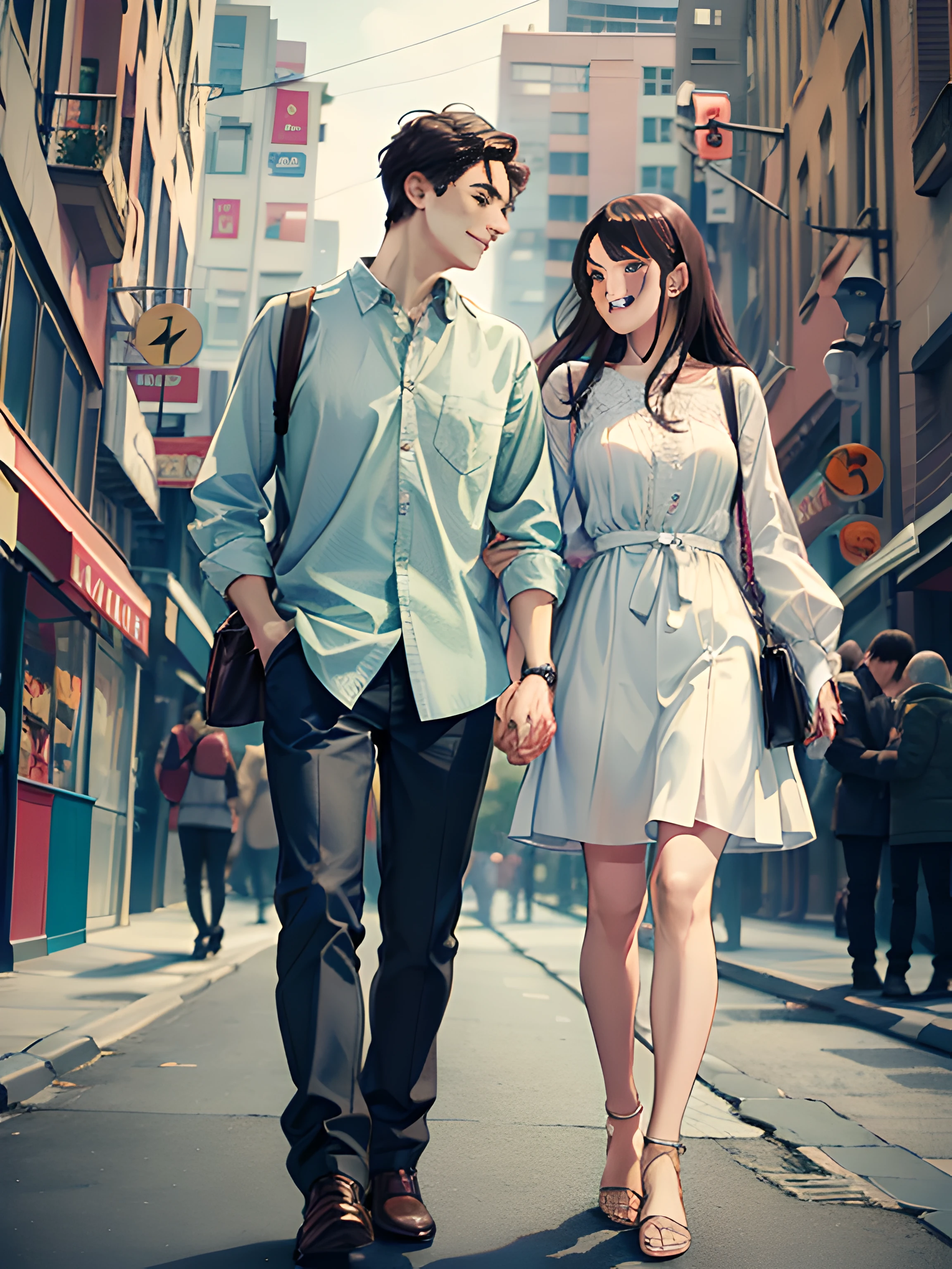 masterpiece, best quality, 2others, couple, 1man with 1woman, mature, adult, Height difference, different fashion, different color, finely detailed eyes and detailed face, intricate details, casual clothes, oversized shirt, modern urban street, holding hands, smile, happy, love